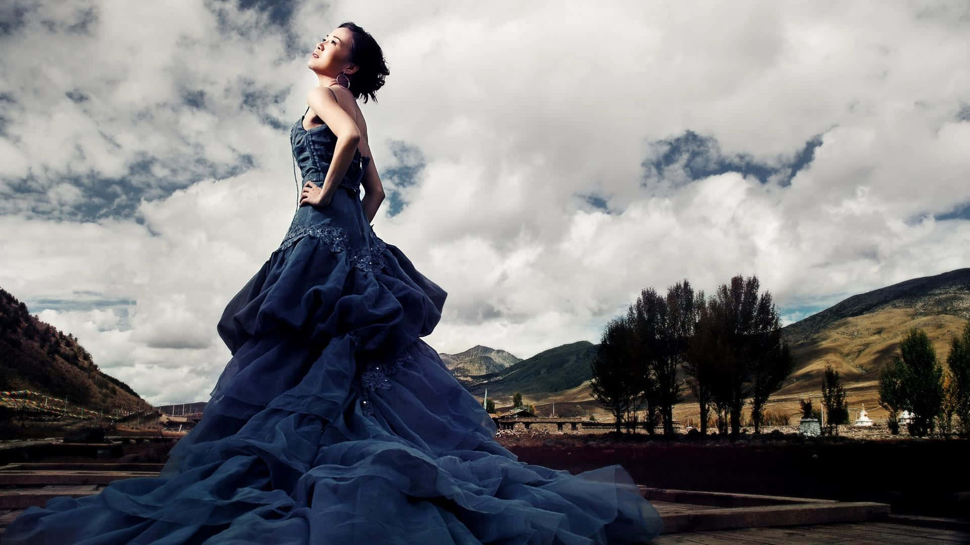 Navy Blue Dress, voluminous dark blue gown, dramatic cloudy sky, Full HD Desktop Wallpaper