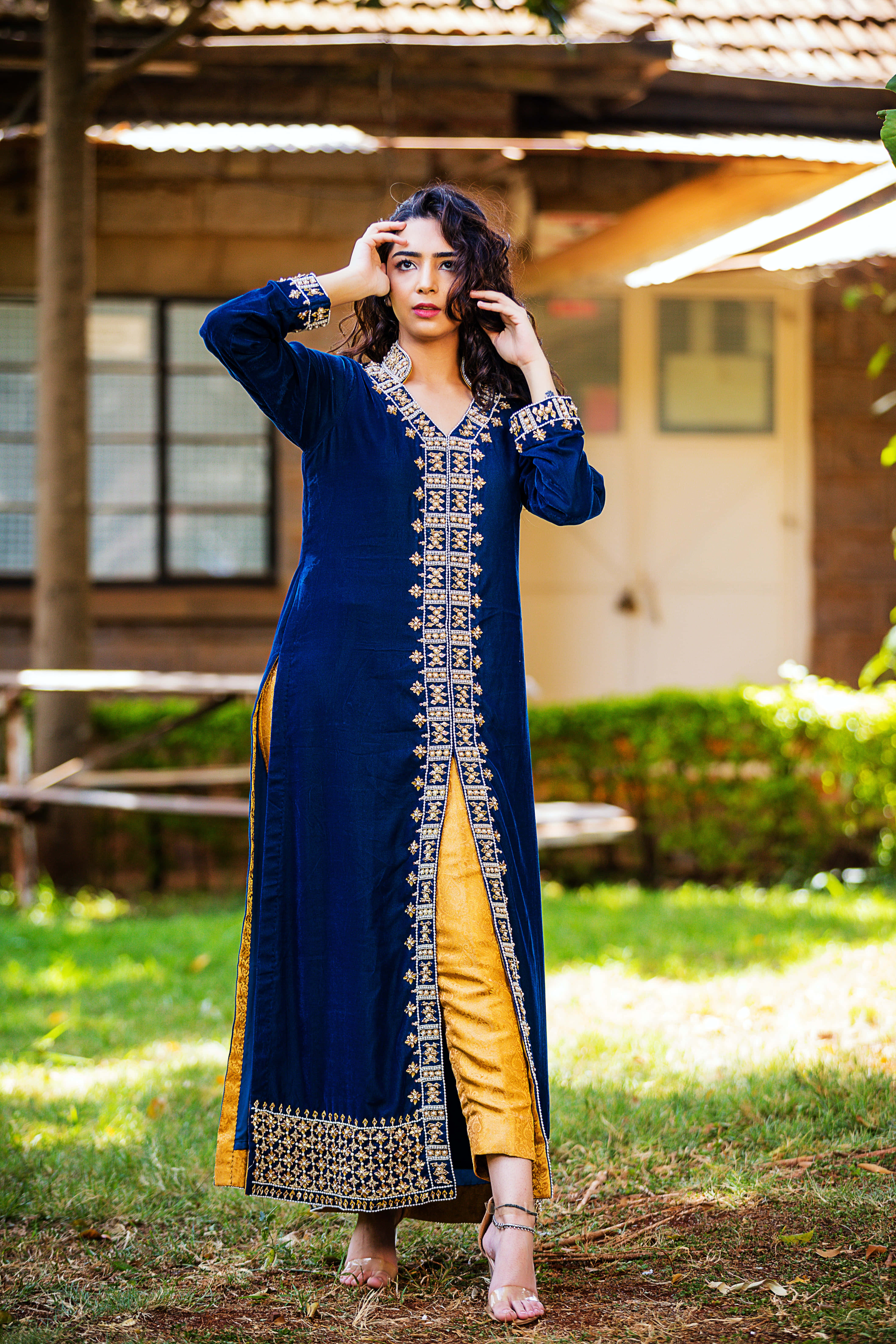 navy blue embroidered kurta, gold lining, grass, 5K Phone Wallpaper