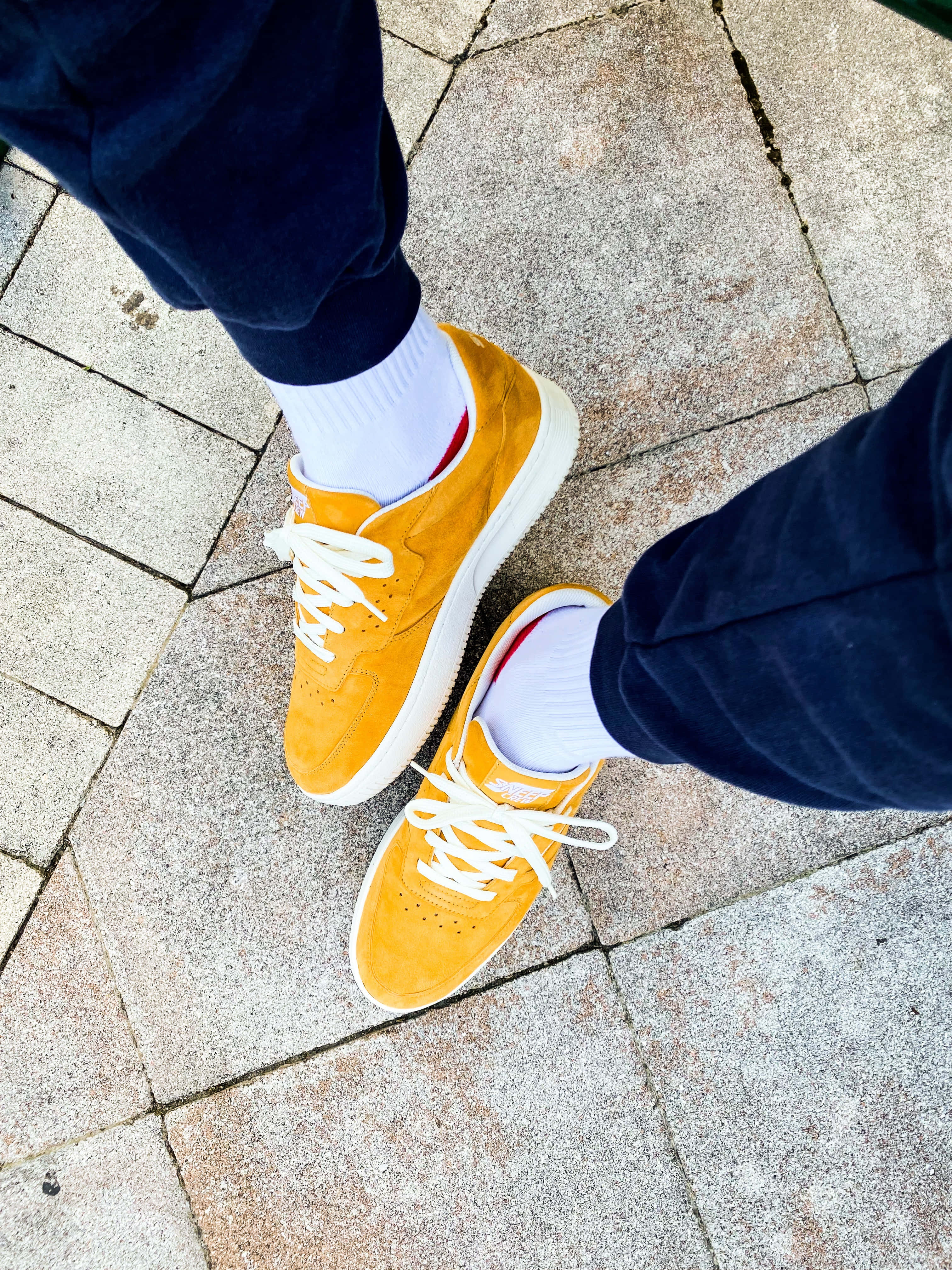 navy blue pants, mustard yellow suede sneakers, white laces, 4K Phone Wallpaper