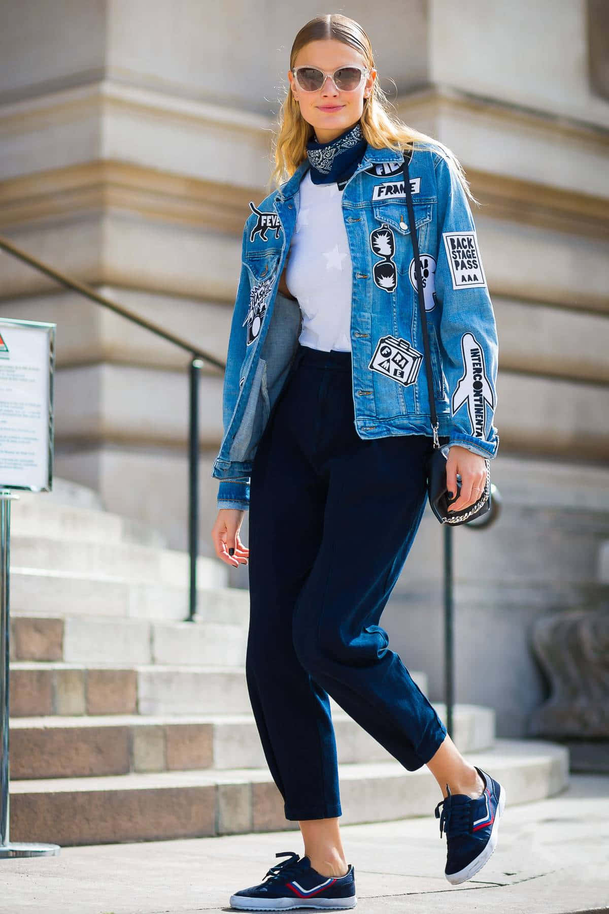 Navy Blue Pants, patch-covered denim jacket, stone steps, HD Phone Wallpaper