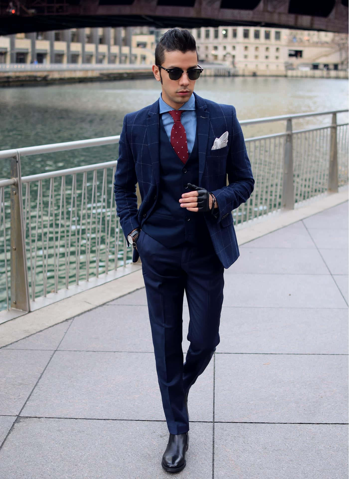 navy plaid suit, red tie, riverside walkway, Full HD Phone Wallpaper