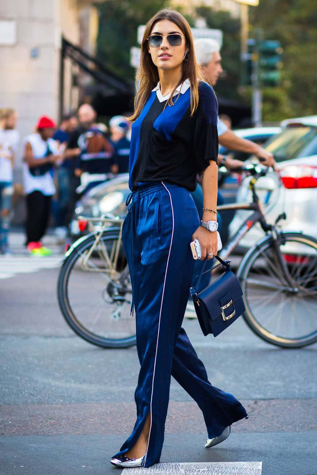 navy blue satin pants, sunglasses, city street, HD Phone Wallpaper