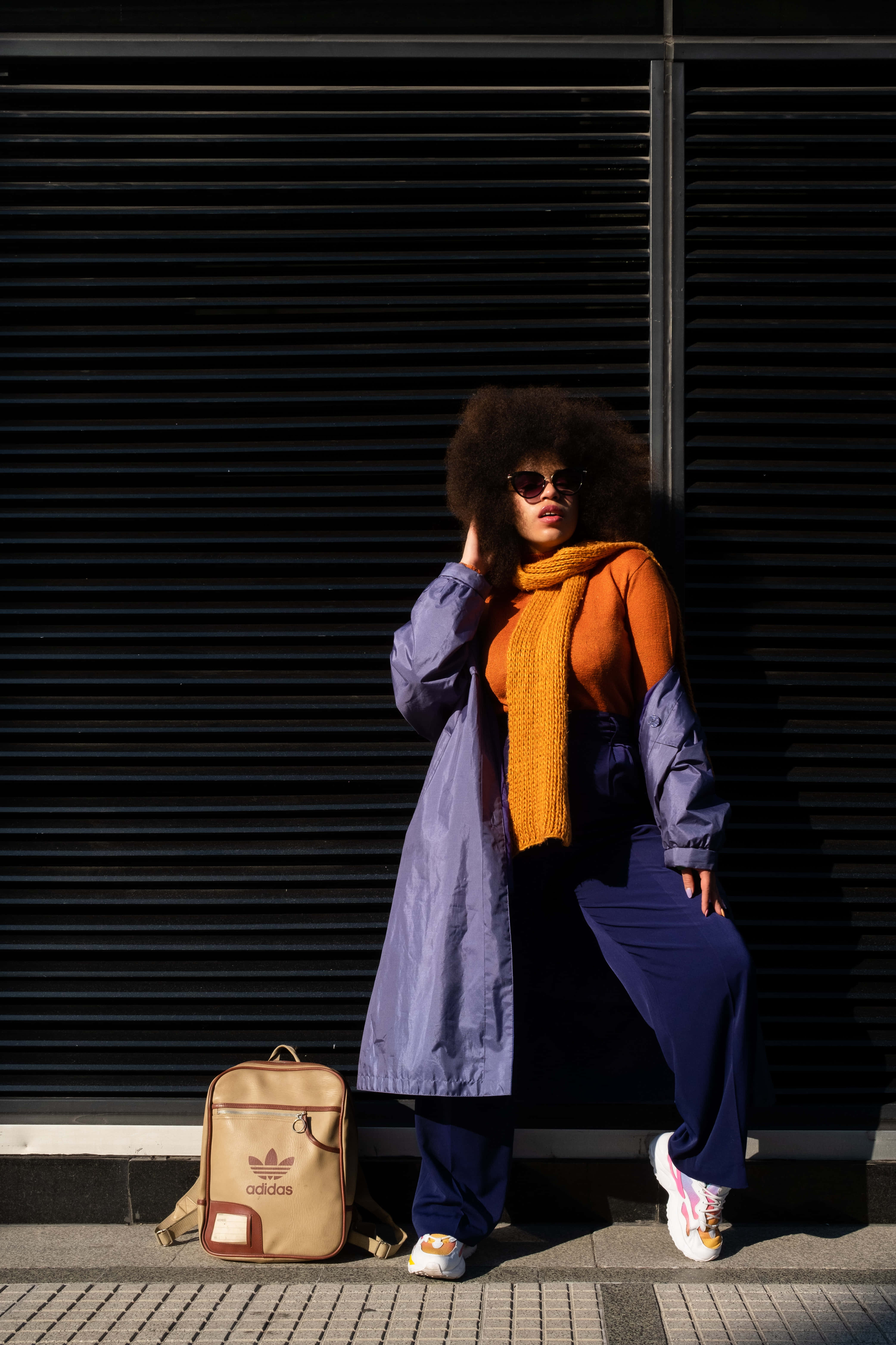 Navy Blue Pants, afro, black shuttered wall, 5K Phone Wallpaper