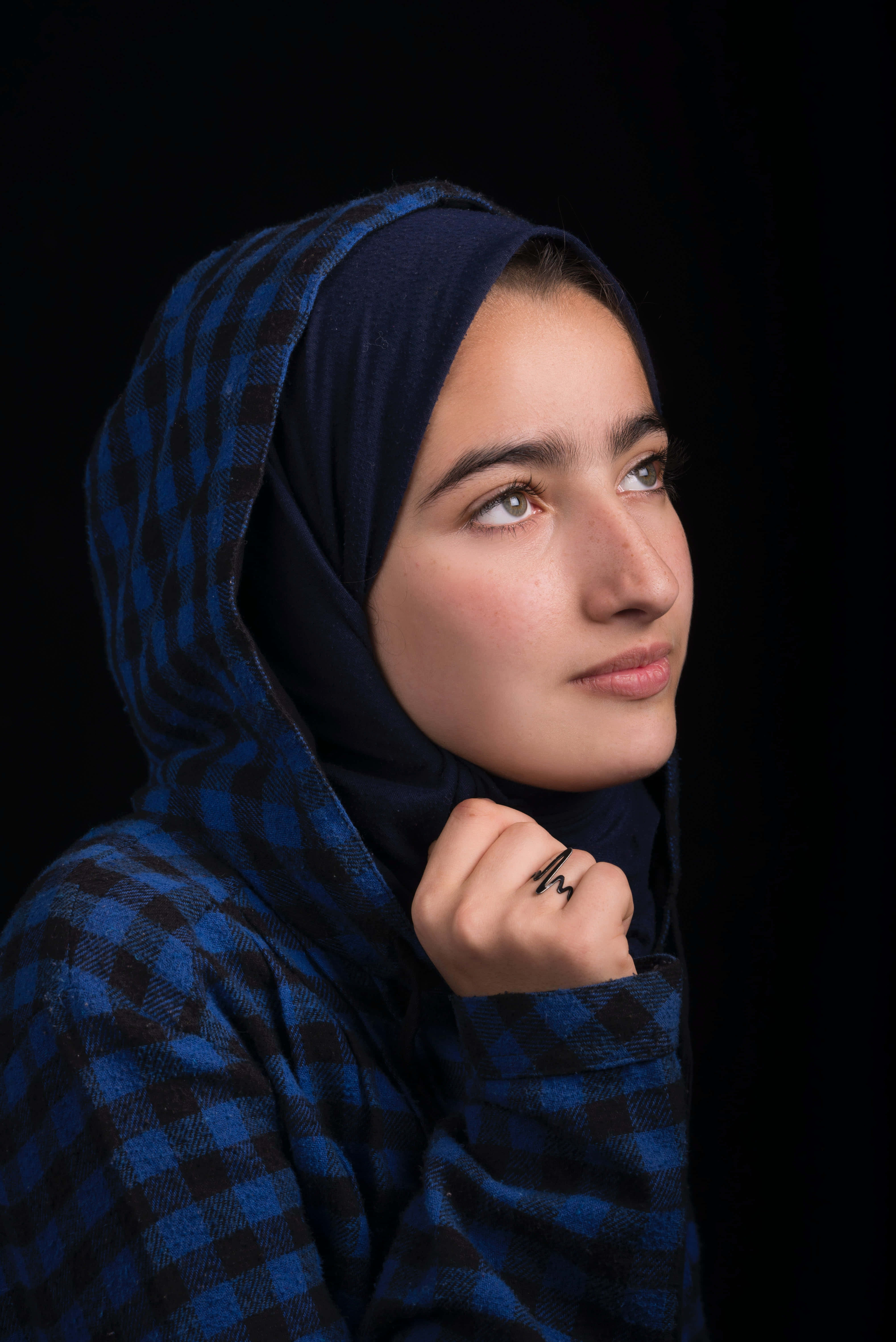 navy blue scarf, blue plaid hijab, young woman, 5K Phone Wallpaper