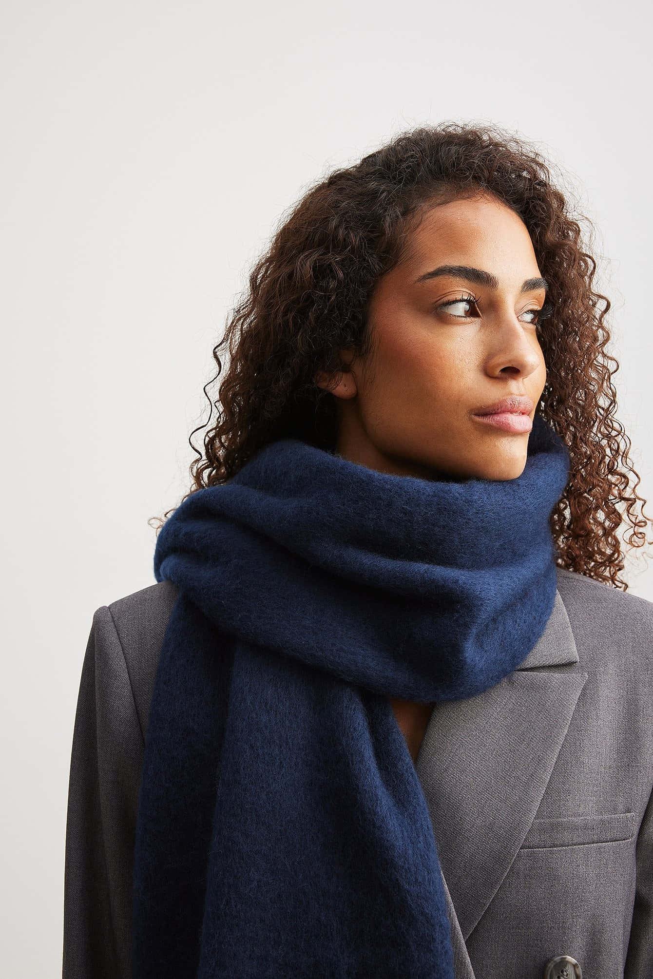 elegant woman, navy blue scarf, curly brown hair, Full HD Phone Wallpaper