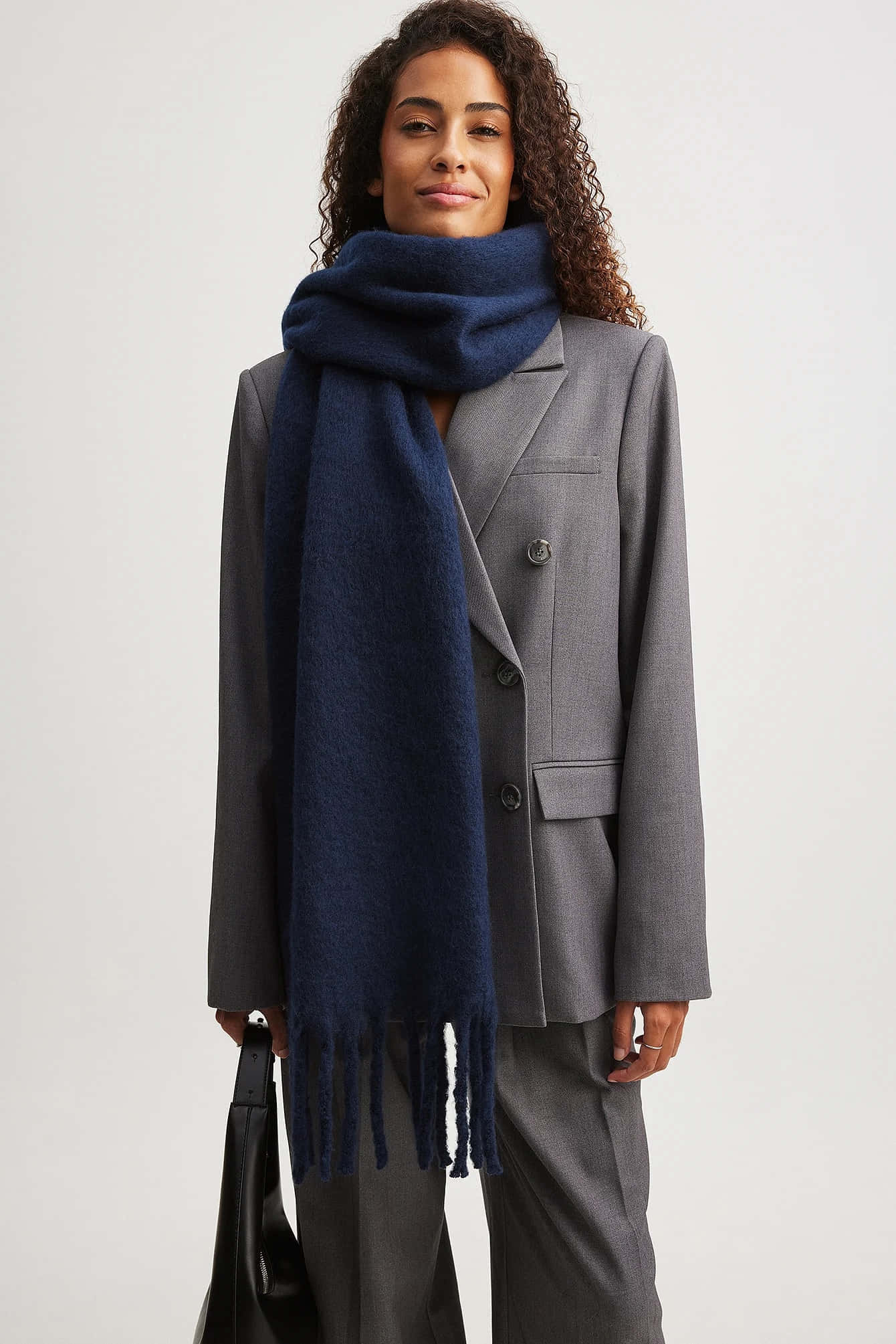 elegant woman, navy blue fringed scarf, gray blazer, Full HD Phone Wallpaper