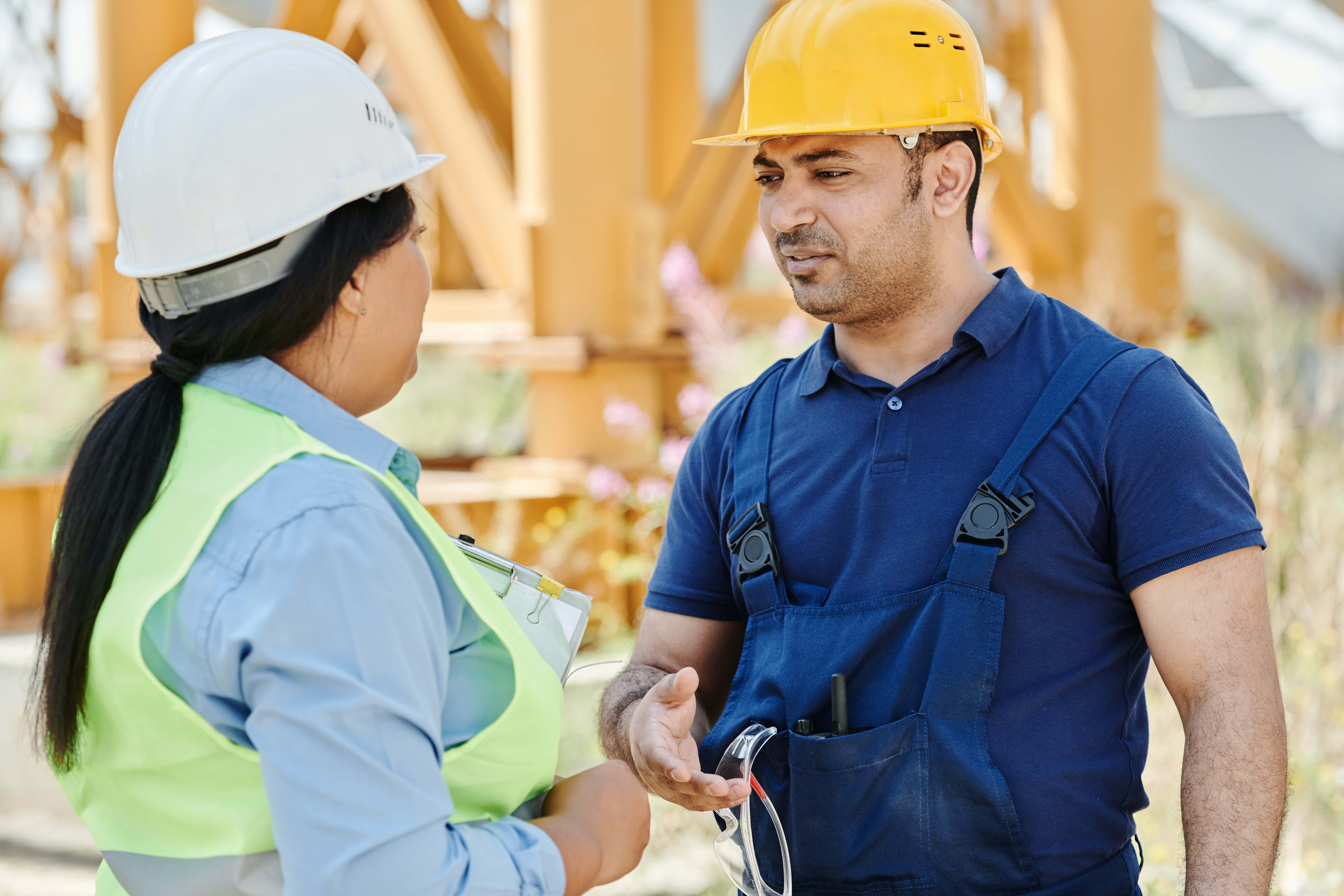 Navy Blue Shirt, construction workers, hard hats, 5K Desktop Wallpaper