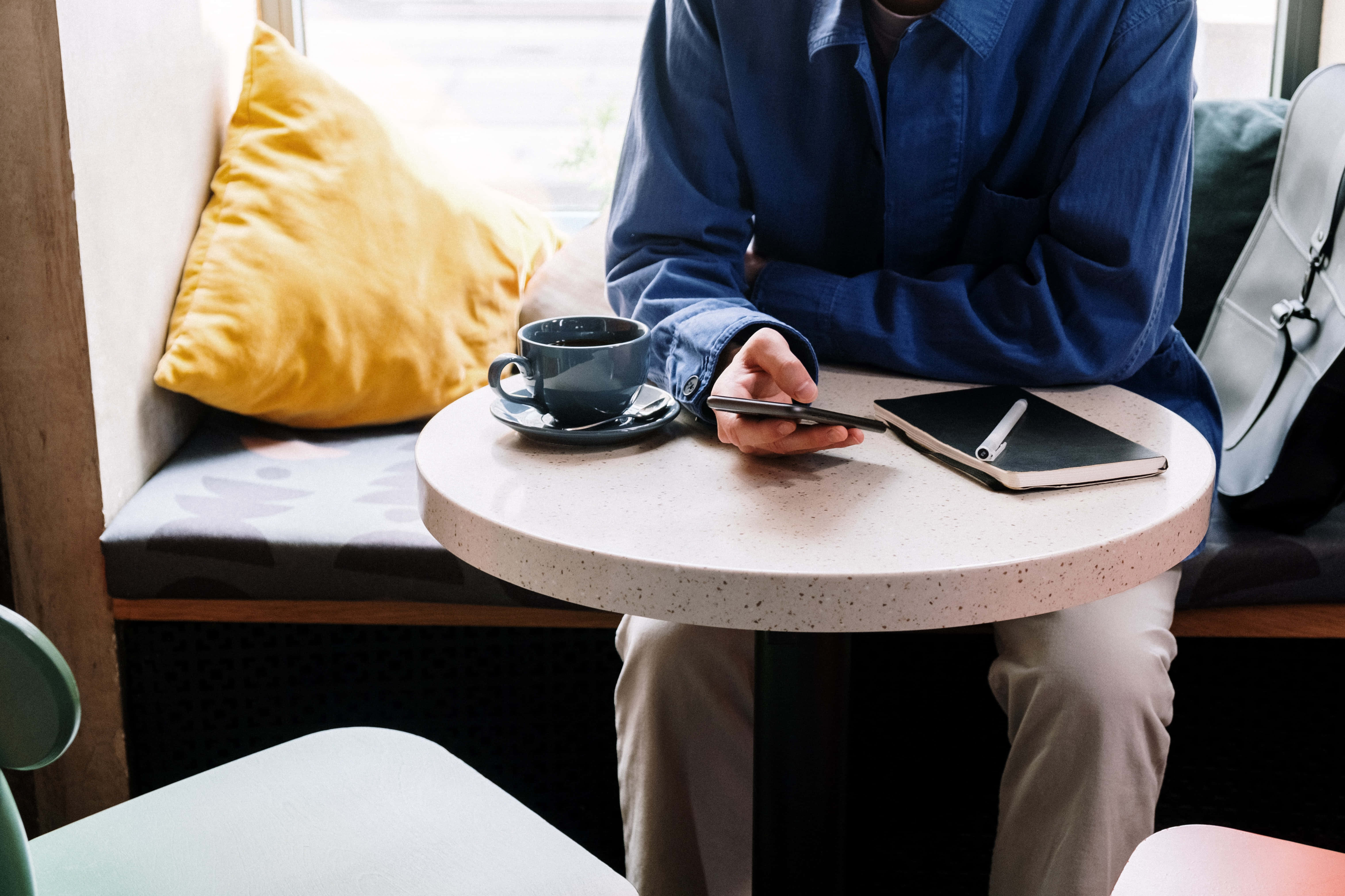 Navy Blue Shirt, blue shirt, speckled table, 5K Desktop Wallpaper