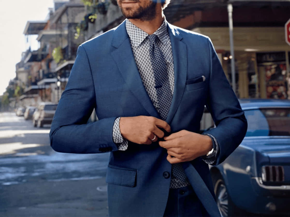 Navy Blue Suit, blue suit, sunlit urban street, SD Desktop Wallpaper