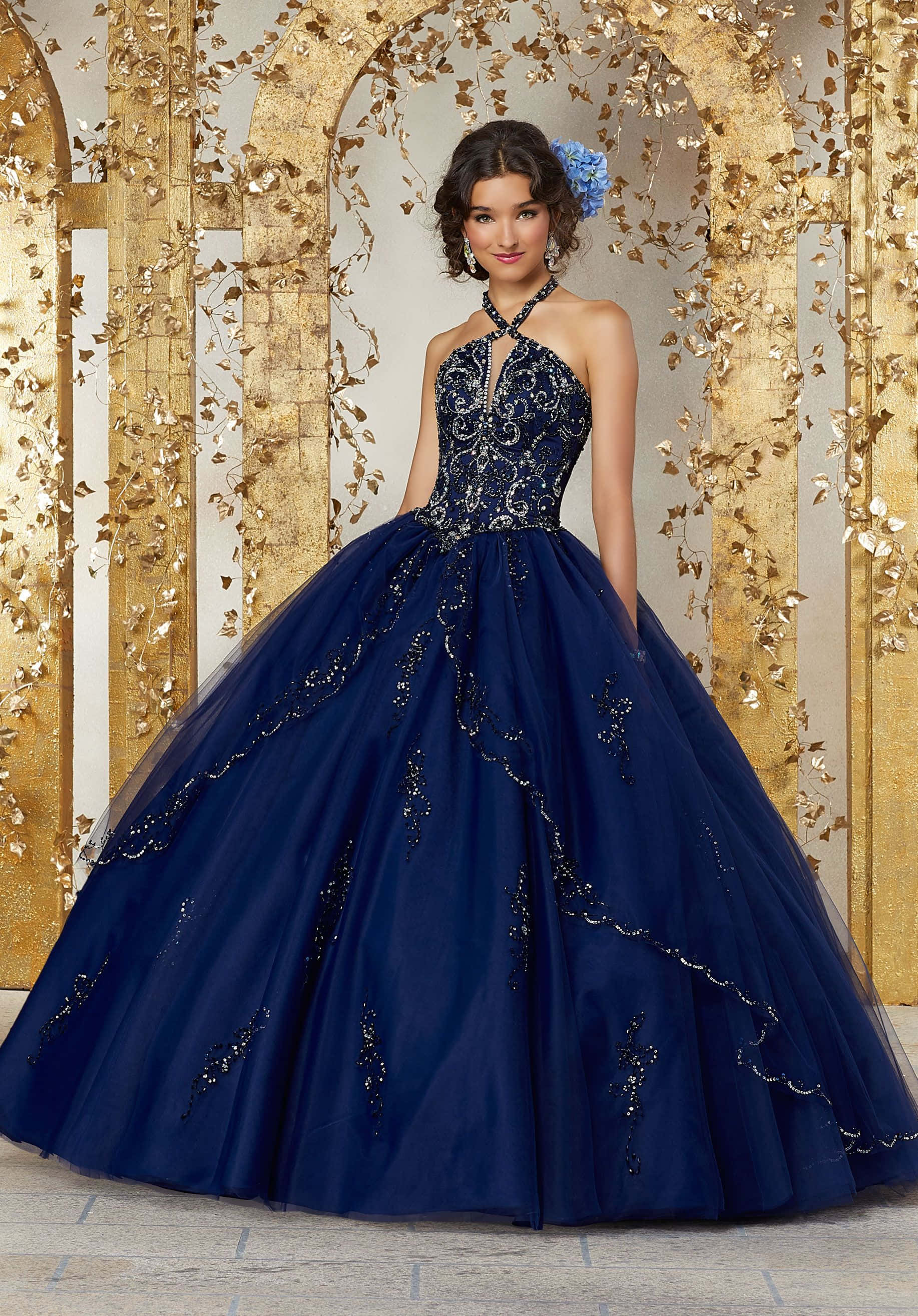 navy blue beaded ball gown, golden arches, leafy vines, 2K Phone Wallpaper