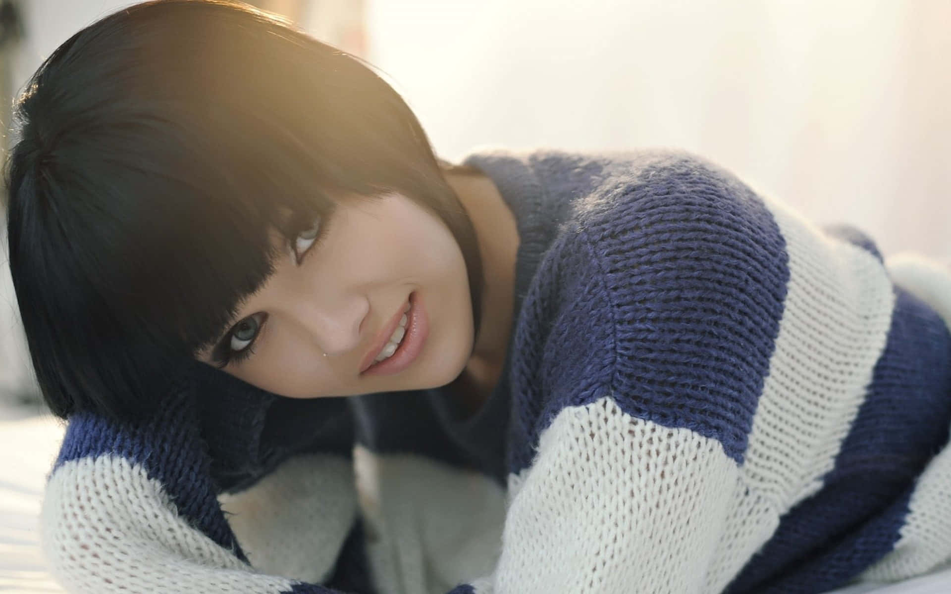 navy blue sweater, blue and white striped knit sweater, dark bobbed hair, Full HD Desktop Wallpaper