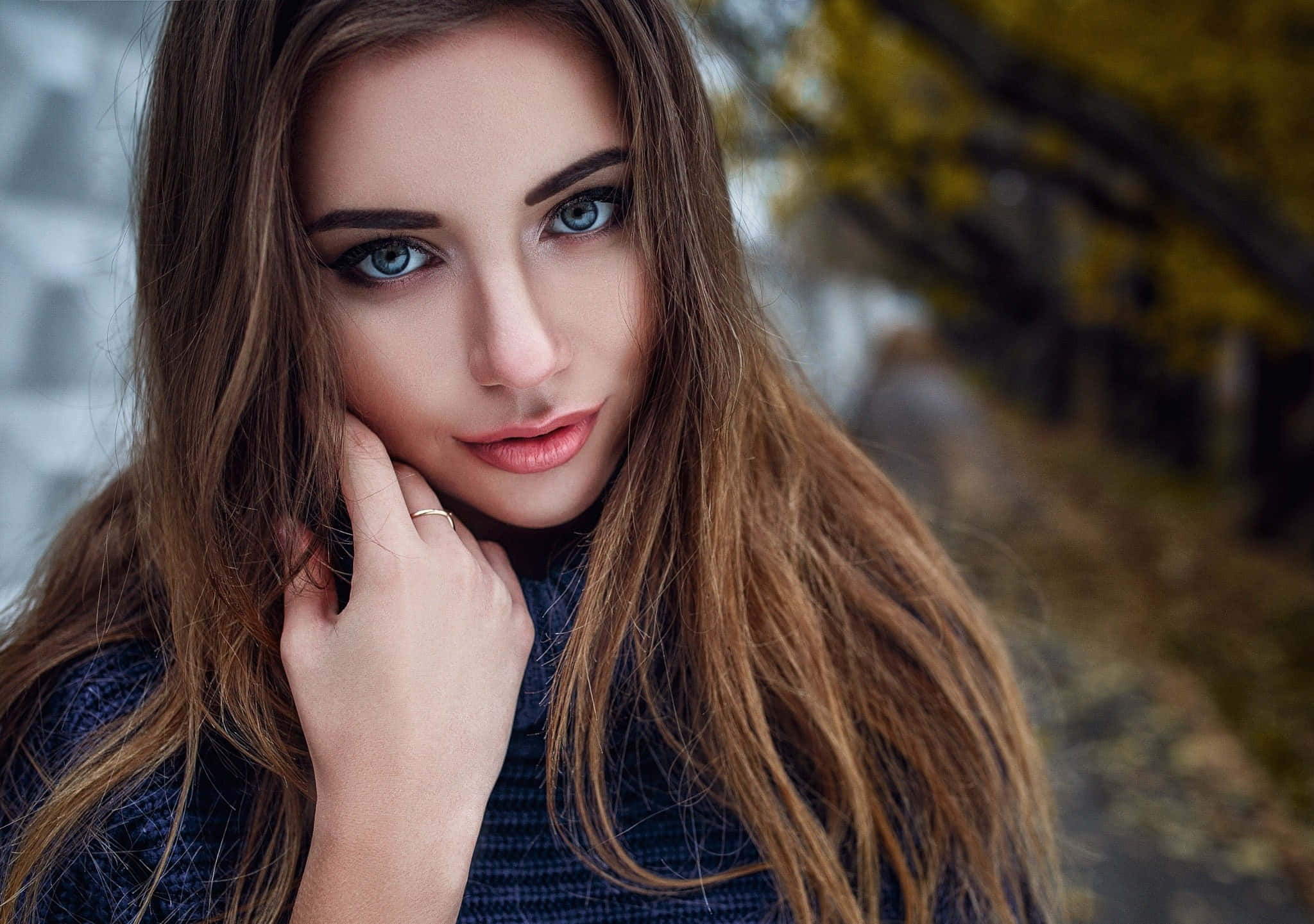Navy Blue Sweater, young woman, blue eyes, Full HD Desktop Wallpaper