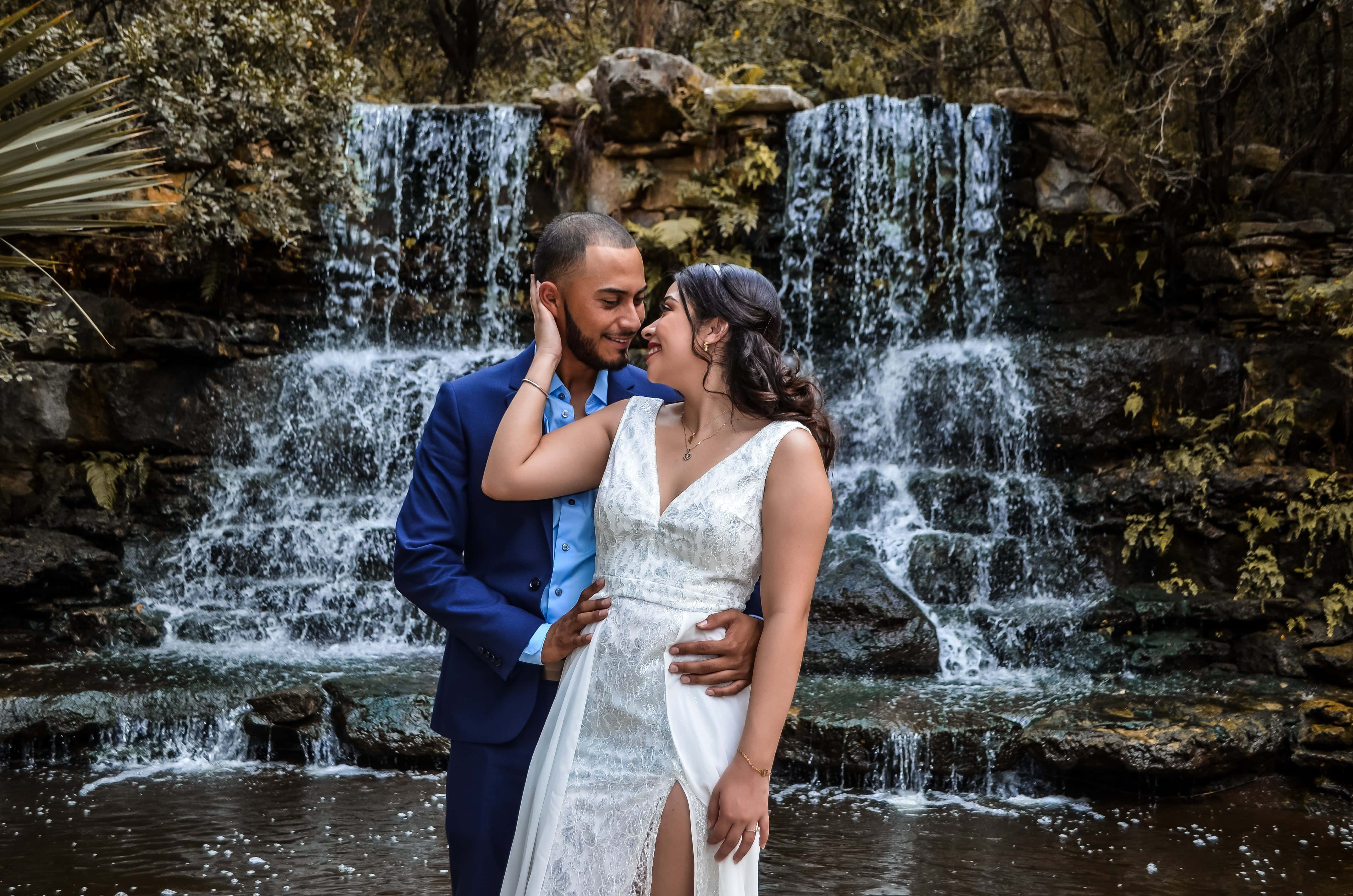 navy blue suit, wedding attire, cascading waterfall, 4K Desktop Wallpaper