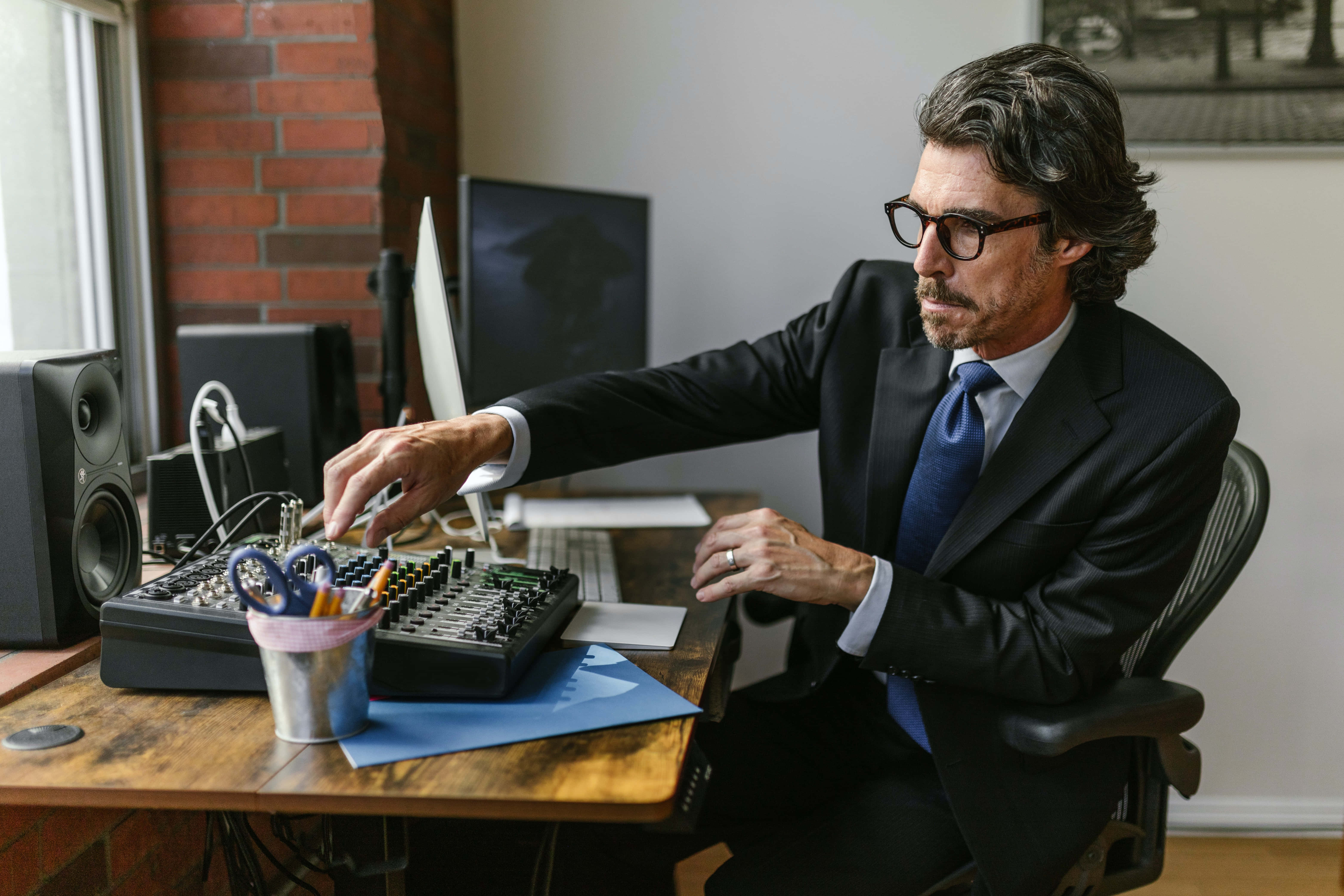 Navy Blue tie, professional audio mixer, modern home studio, 5K Desktop Wallpaper
