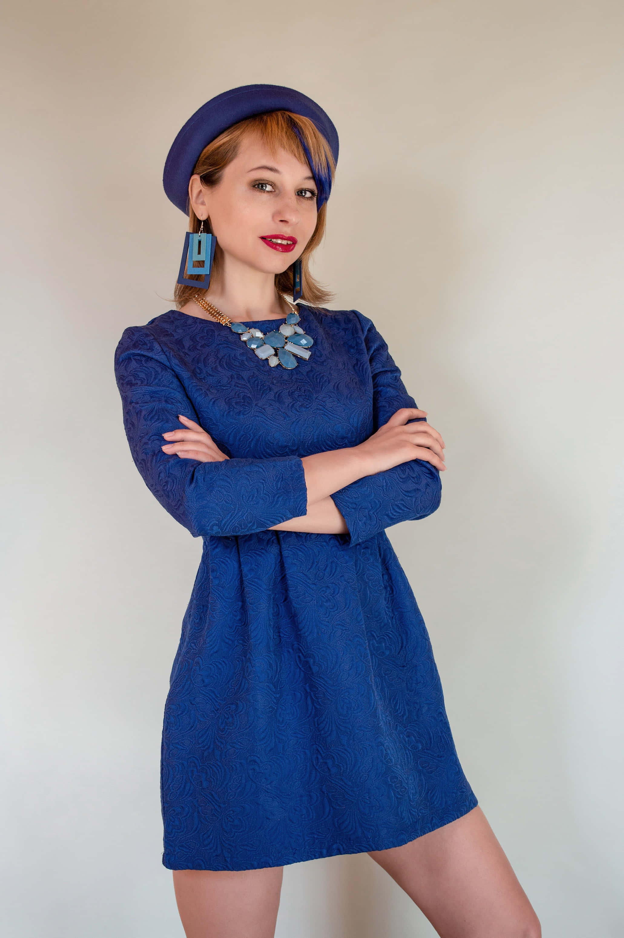 royal blue textured dress, matching hat, plain background, 2K Phone Wallpaper