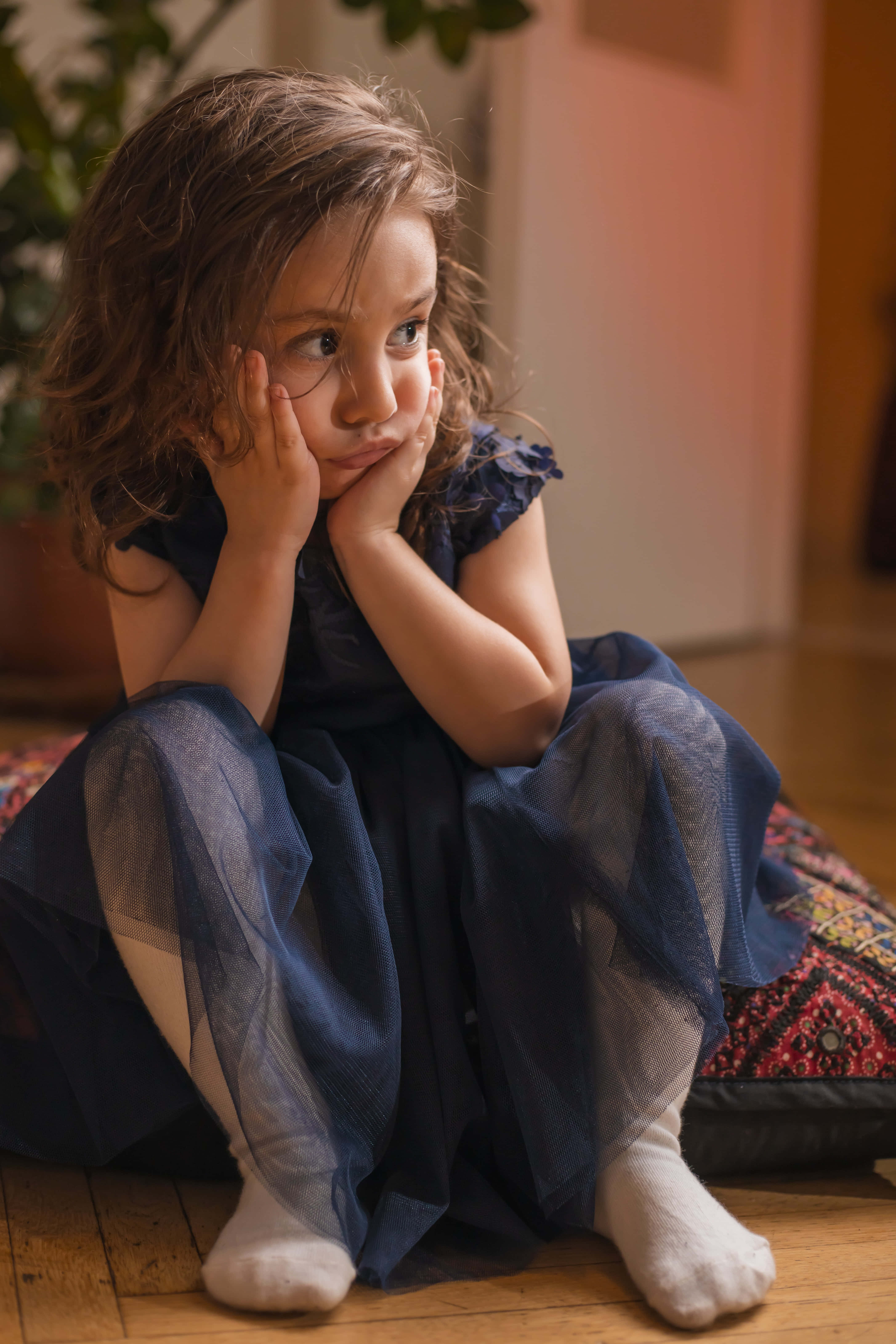 Navy Blue Dress, young girl, patterned cushion, 5K Phone Wallpaper