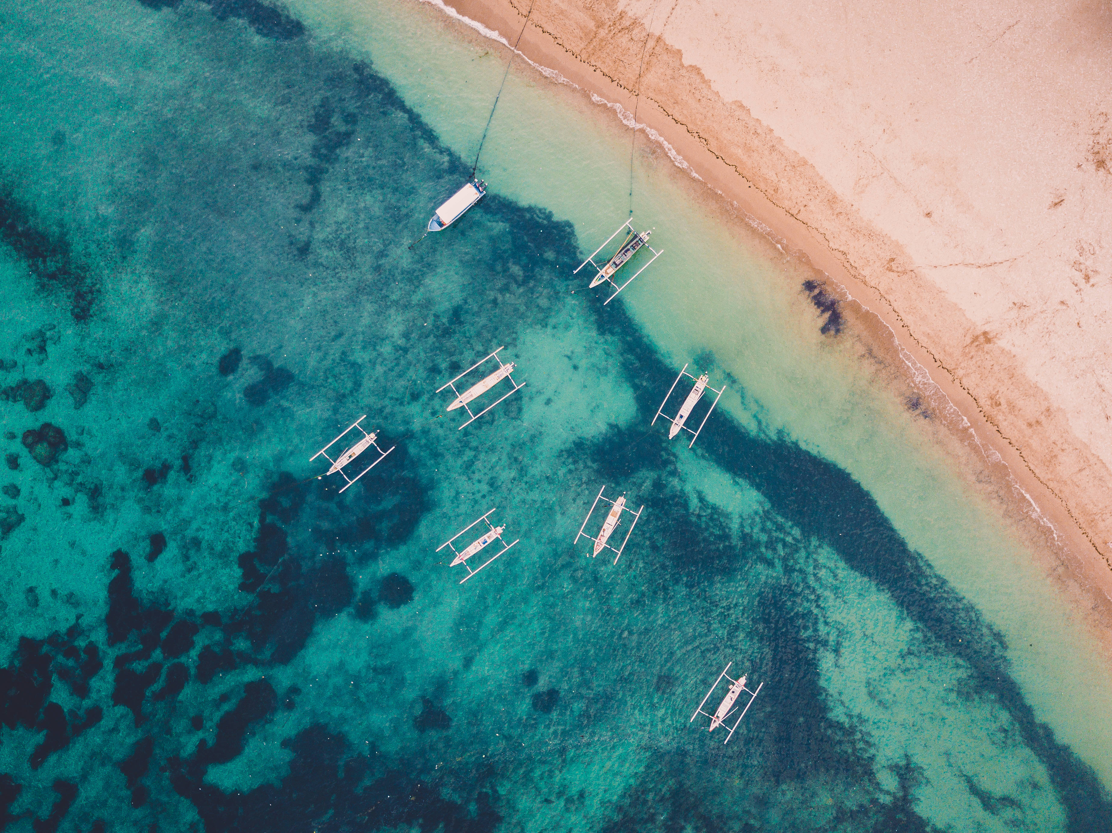 Navy Blue, beach shore, outrigger boats, 2K Desktop Wallpaper