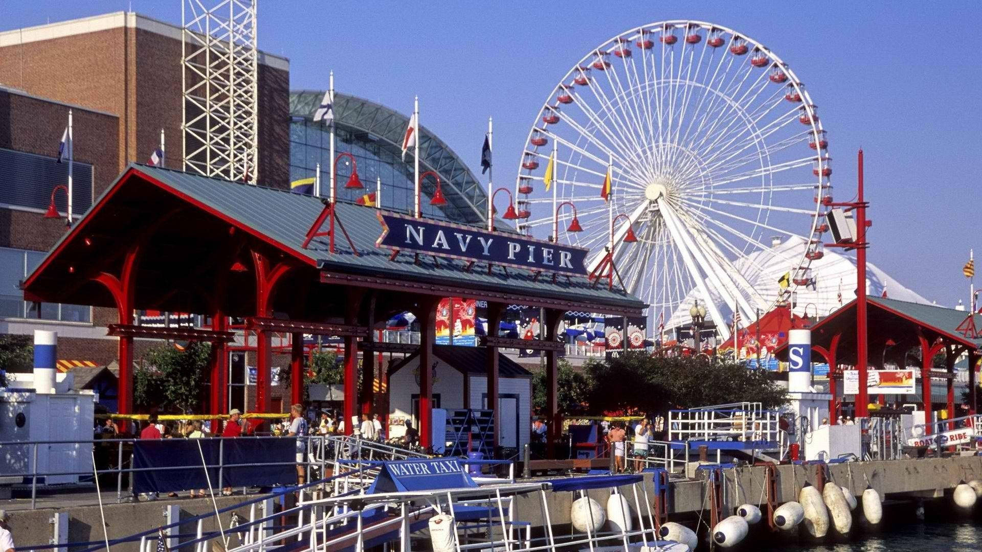 Navy Pier, red pavilion, giant Ferris wheel, Full HD Desktop Wallpaper