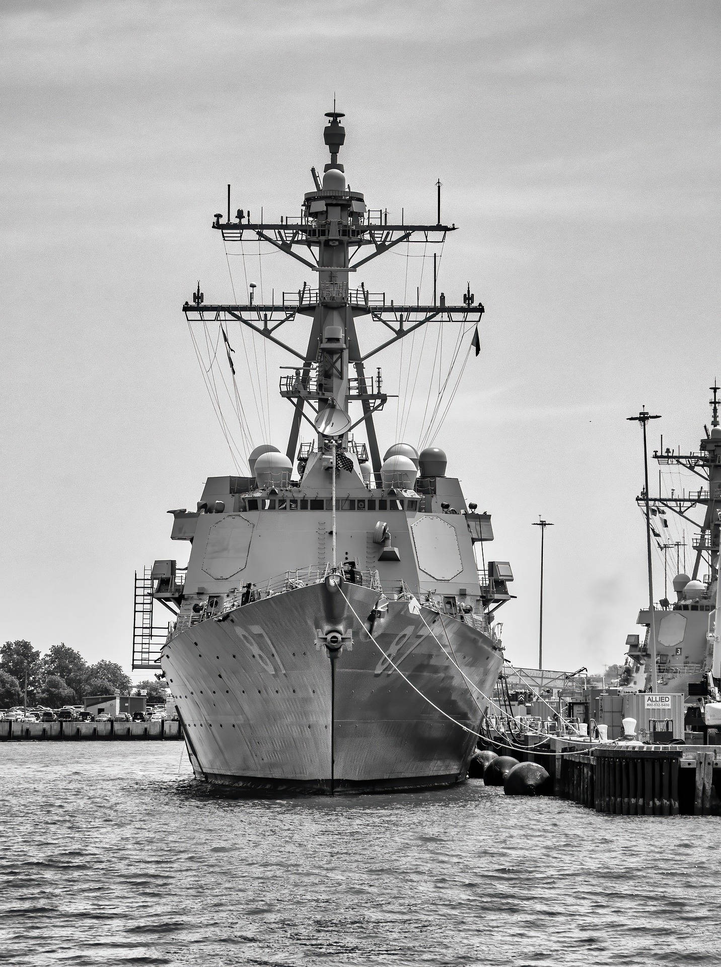 Navy Pier, monochrome, naval destroyer, Full HD Phone Wallpaper