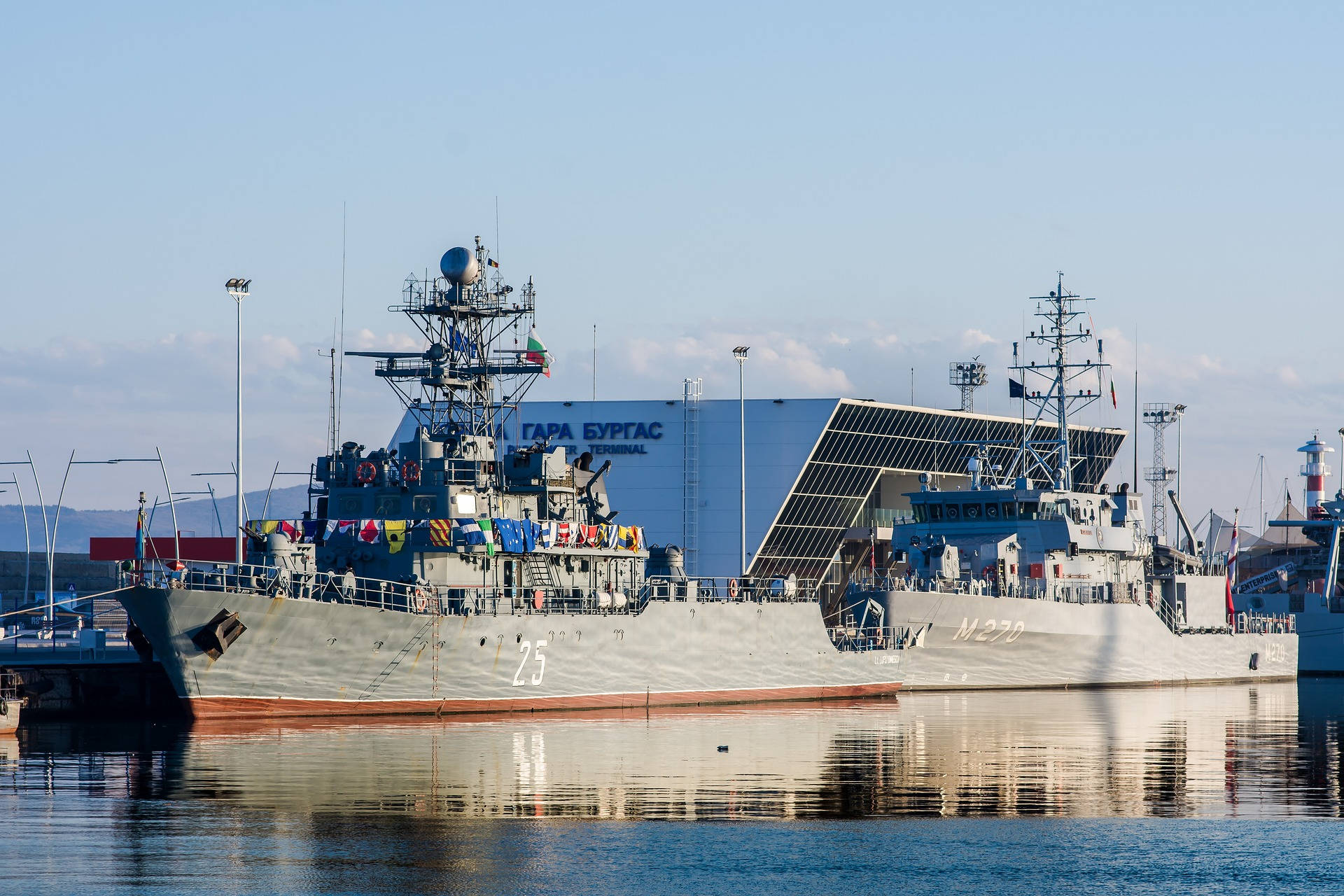 Navy Pier, Russian docked, gray naval warship, Full HD Desktop Wallpaper