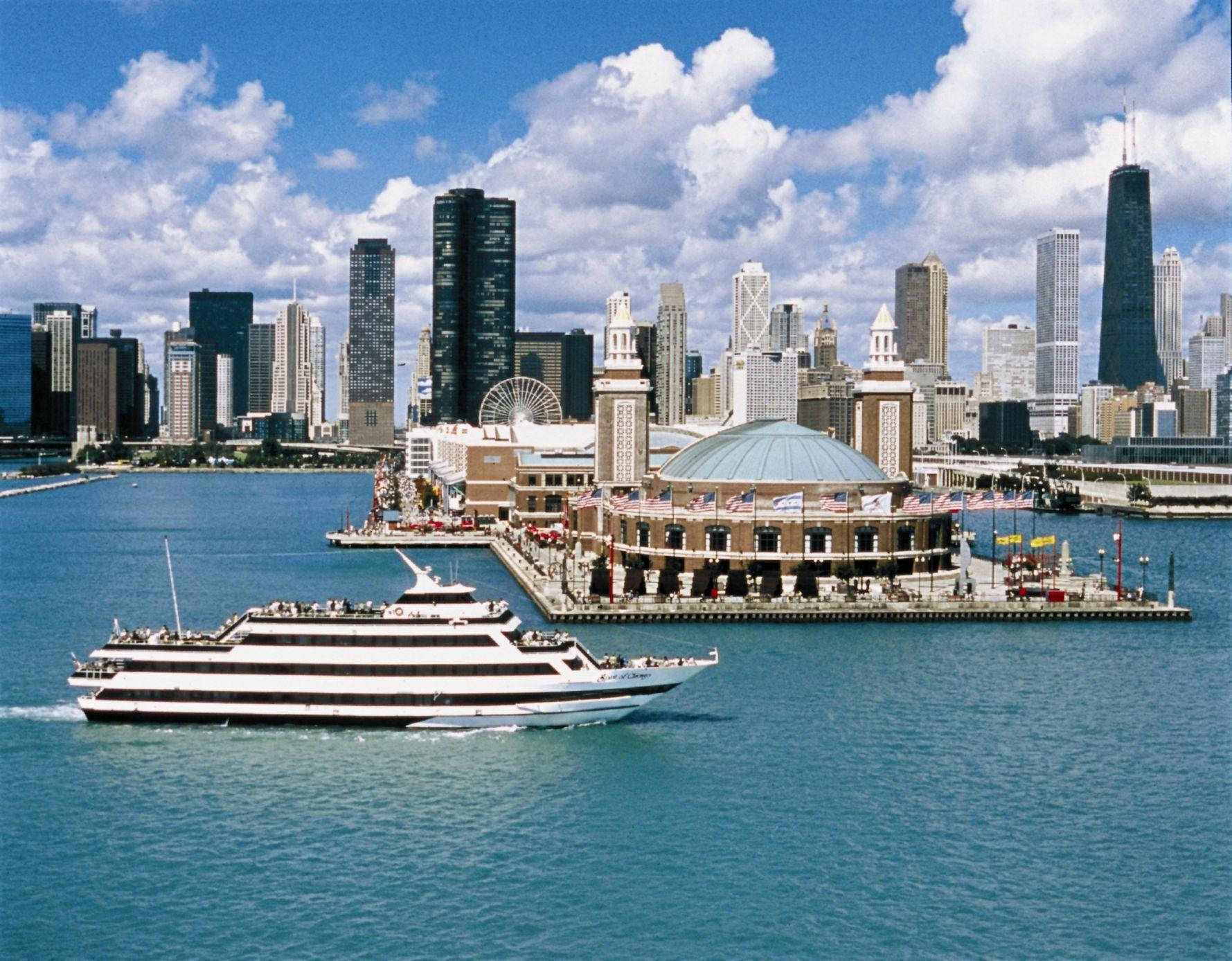 Navy Pier, yacht, striped cruise ship, HD Desktop Wallpaper