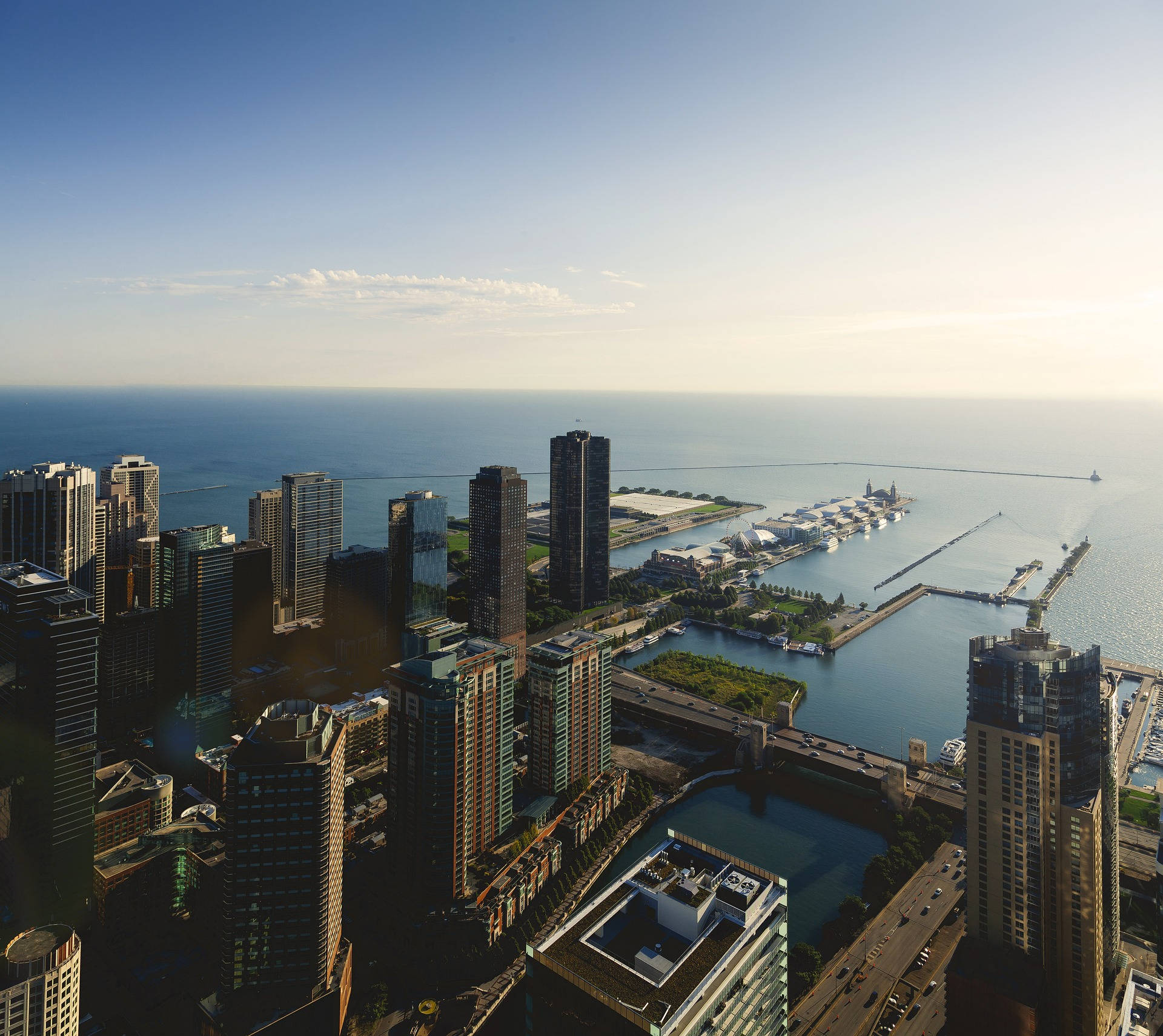 Navy Pier, skyscraper, golden hour, Full HD Desktop Wallpaper