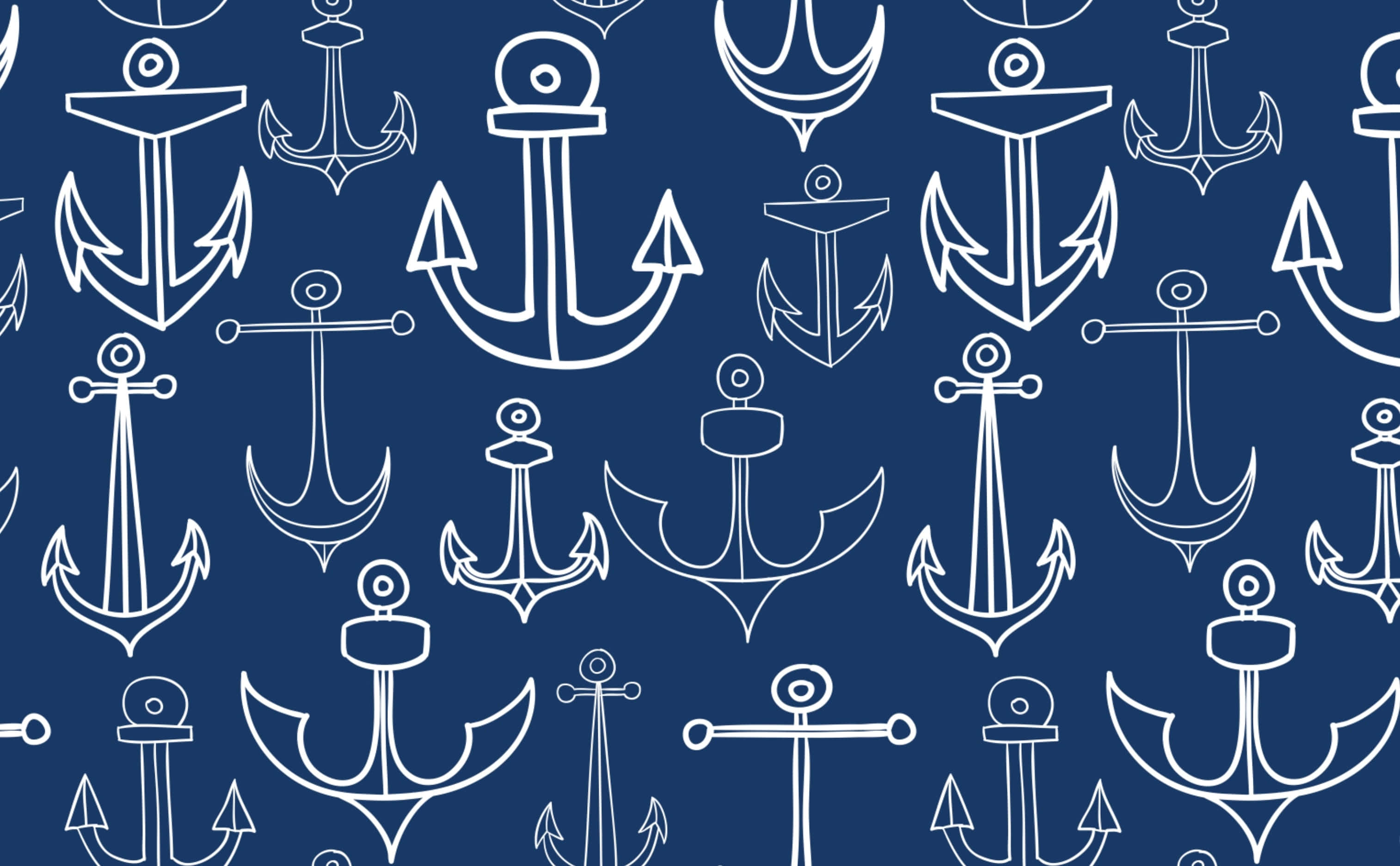 nautical anchors, white line-drawn anchors, solid navy blue background, 2K Desktop Wallpaper