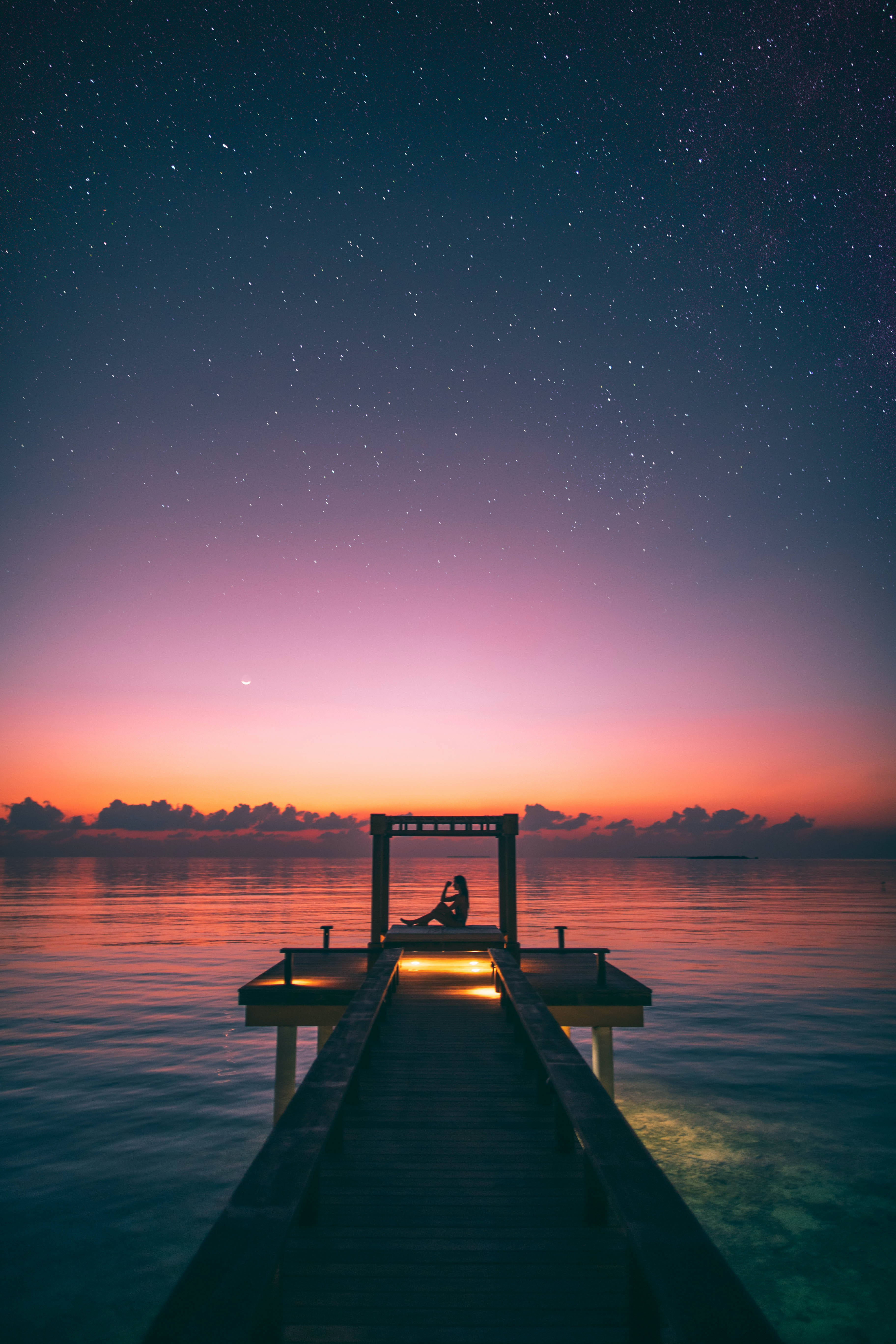 Vacation Sunset Pier, wooden pier, starry twilight sky, 5K Phone Wallpaper