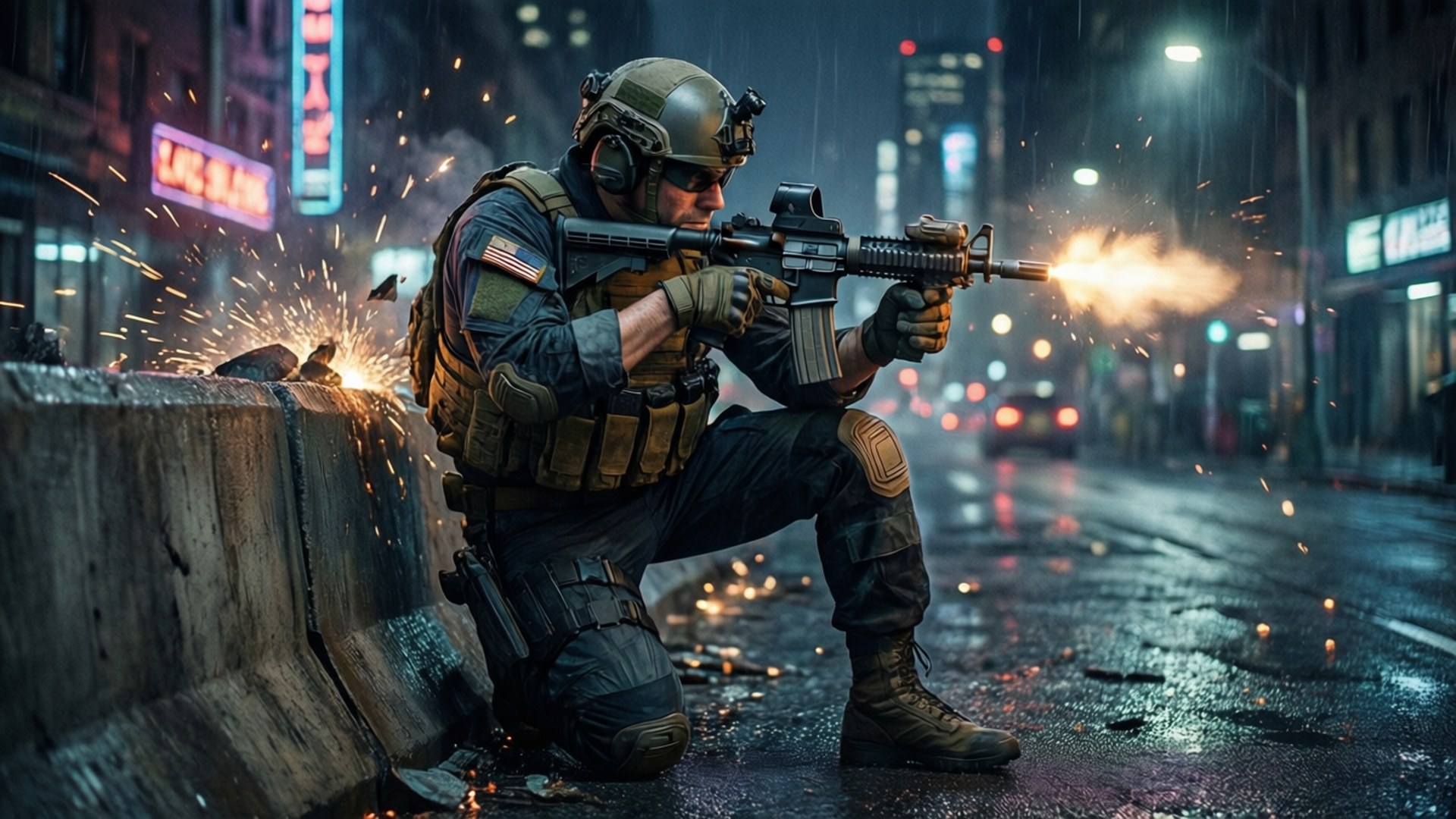 Navy SEAL, night firefight, rainy urban environment, Full HD Desktop Wallpaper