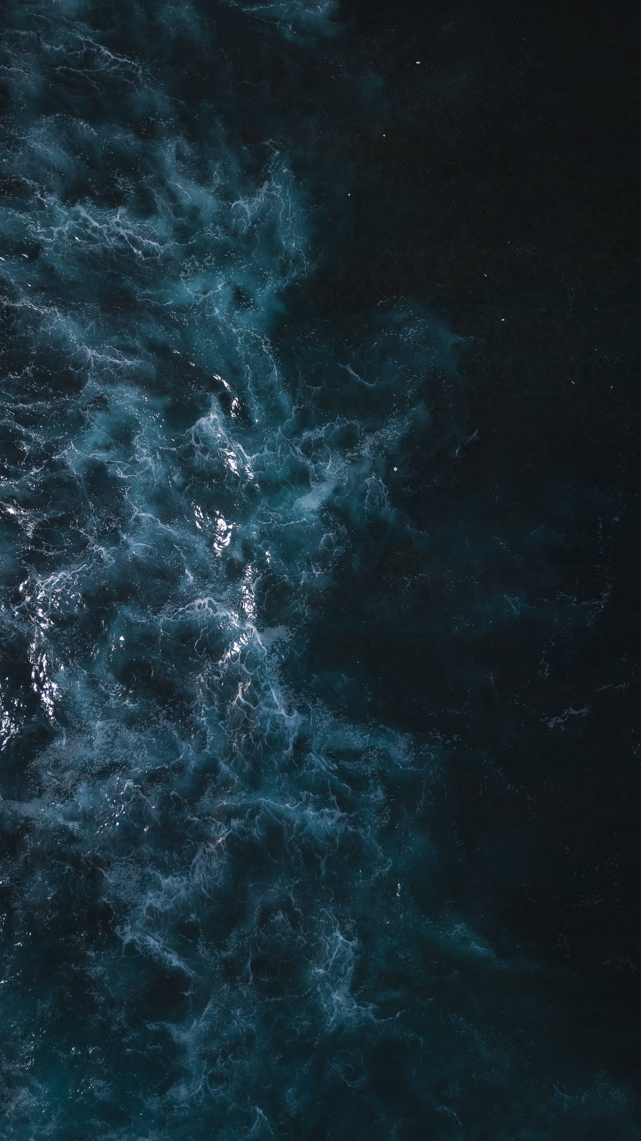 aerial view, turbulent ocean waves, bioluminescent blue light, 4K Phone Wallpaper