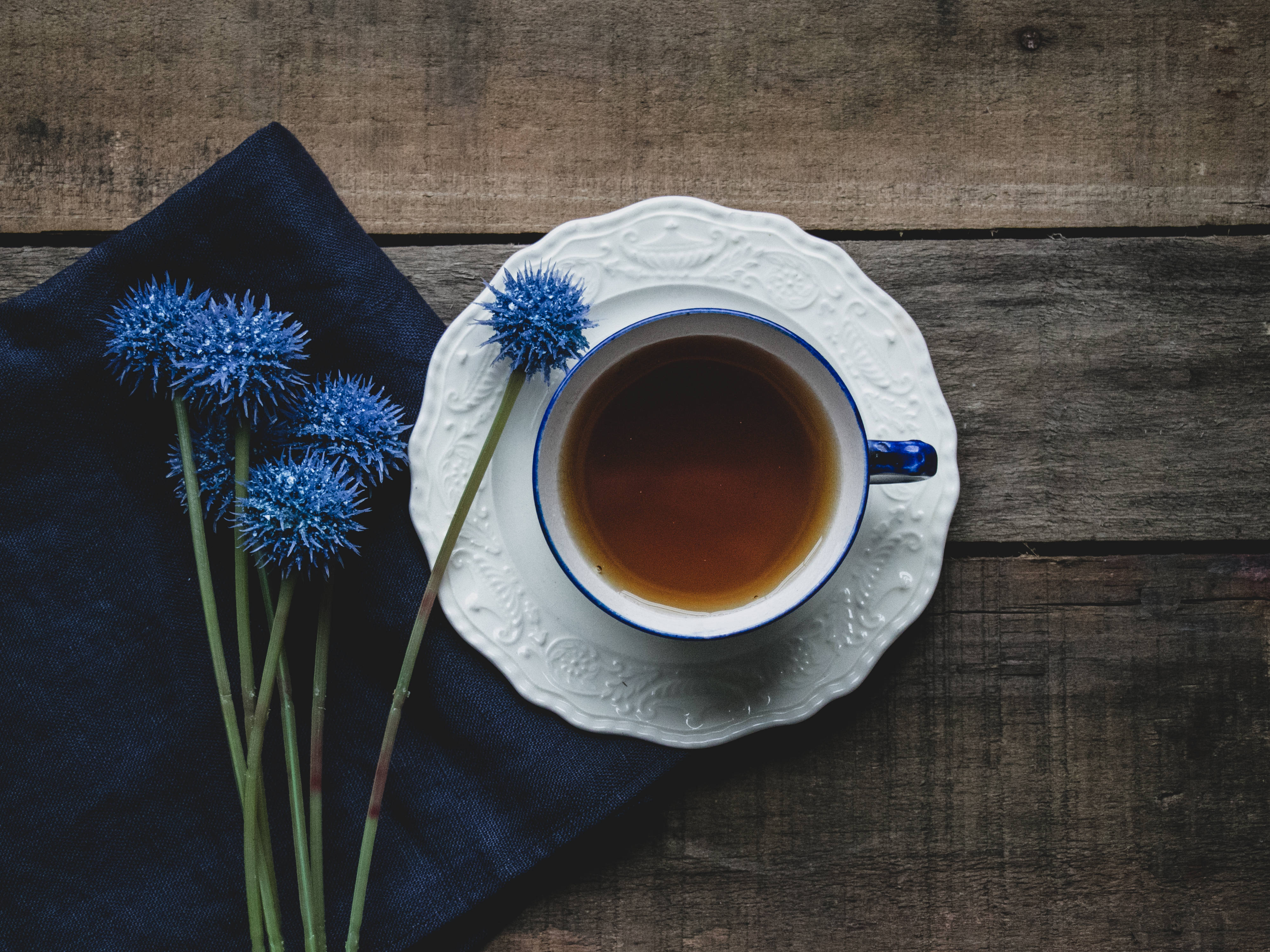 tea, navy blue flowers, white cup, 4K Desktop Wallpaper