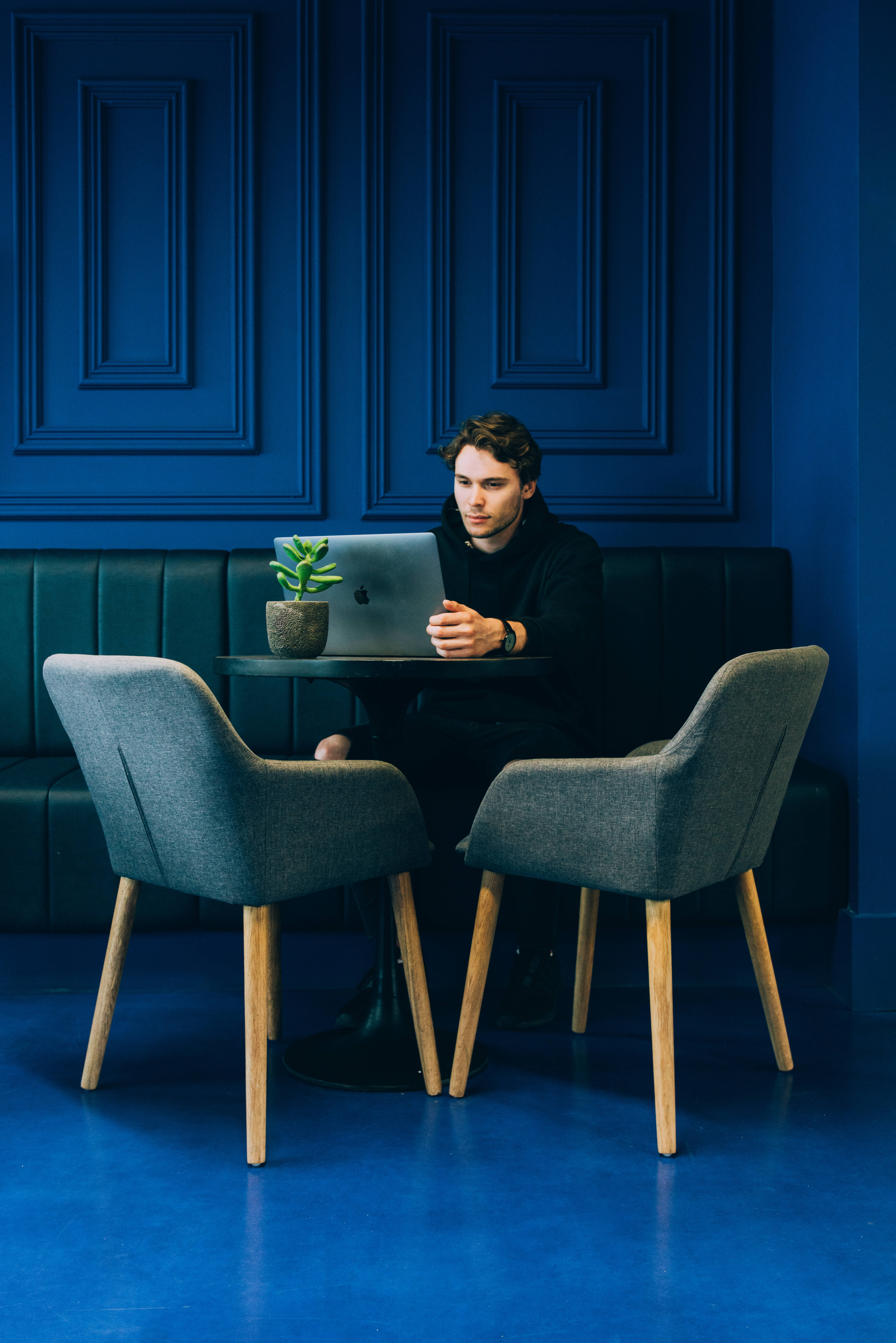 navy blue room, paneled walls, laptop, 5K Phone Wallpaper