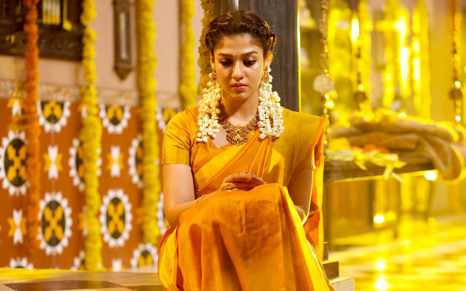 Nayanthara, yellow aesthetic, orange sari, HD Desktop Wallpaper