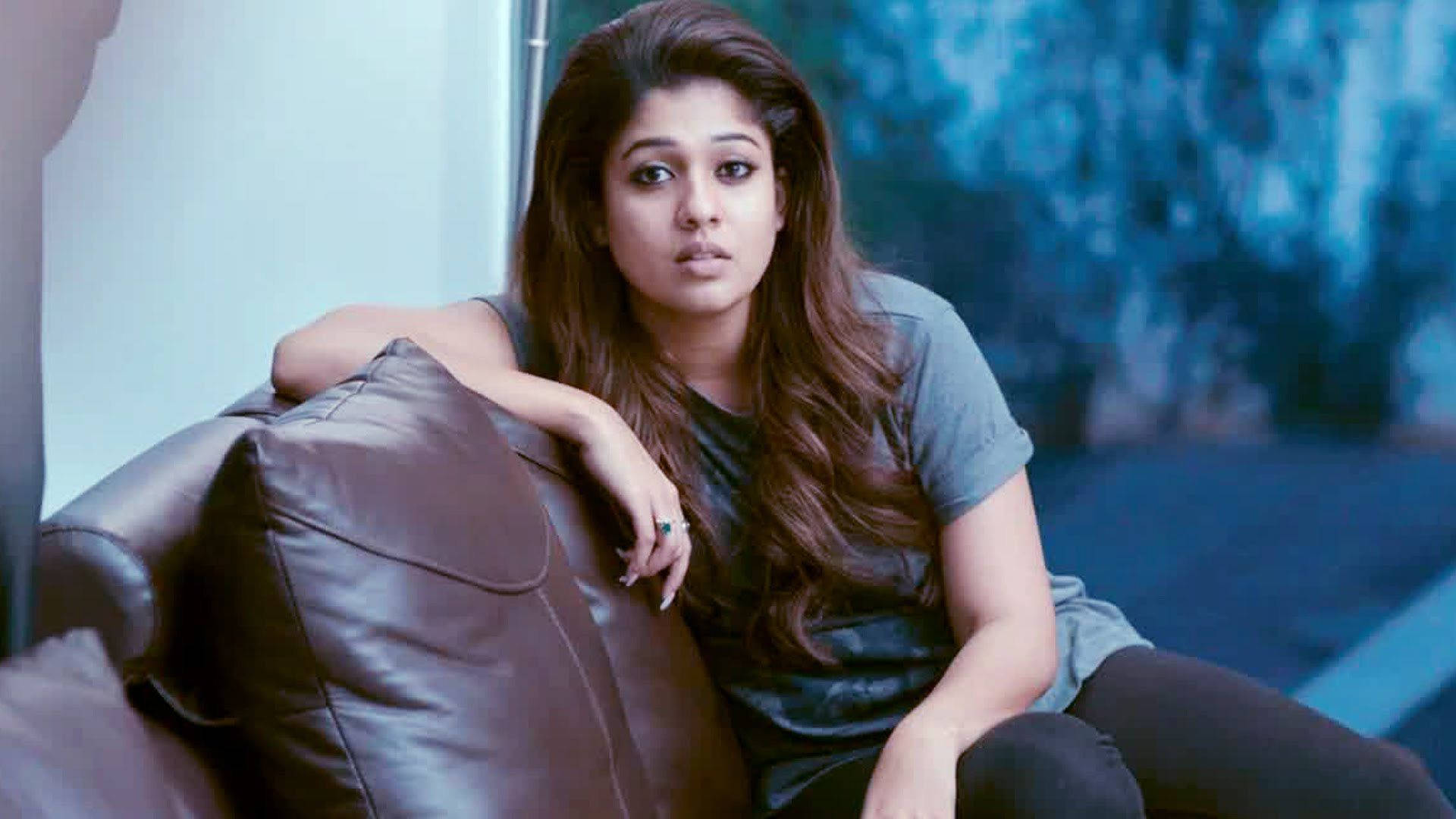 Nayanthara, brown leather couch, long dark hair, Full HD Desktop Wallpaper
