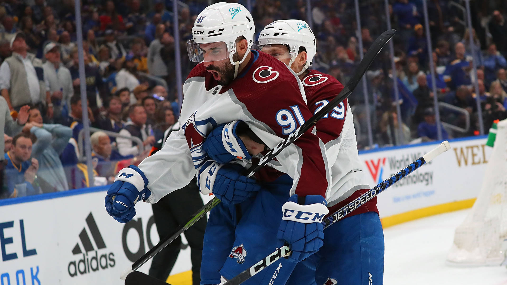 Nazem Kadri, maroon and white jerseys, ice, Full HD Desktop Wallpaper