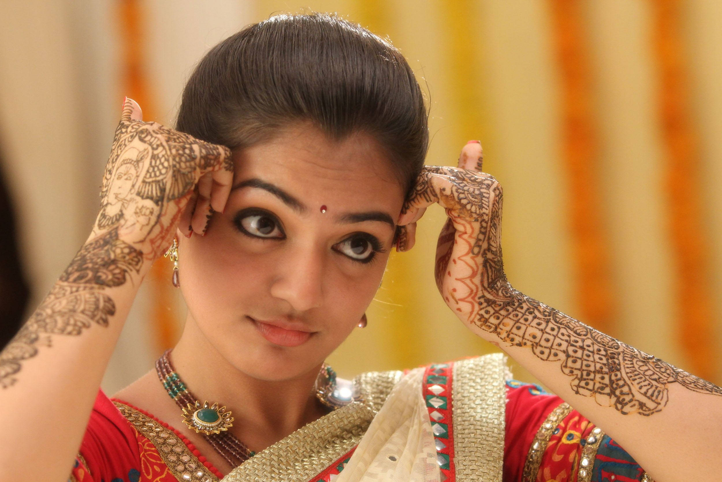 Nazriya HD, hand tattoo, traditional Indian attire, Full HD Desktop Wallpaper