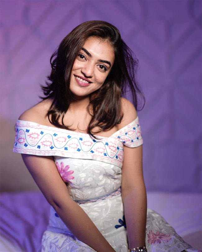 Nazriya HD, purple background, off-shoulder floral dress, SD Phone Wallpaper