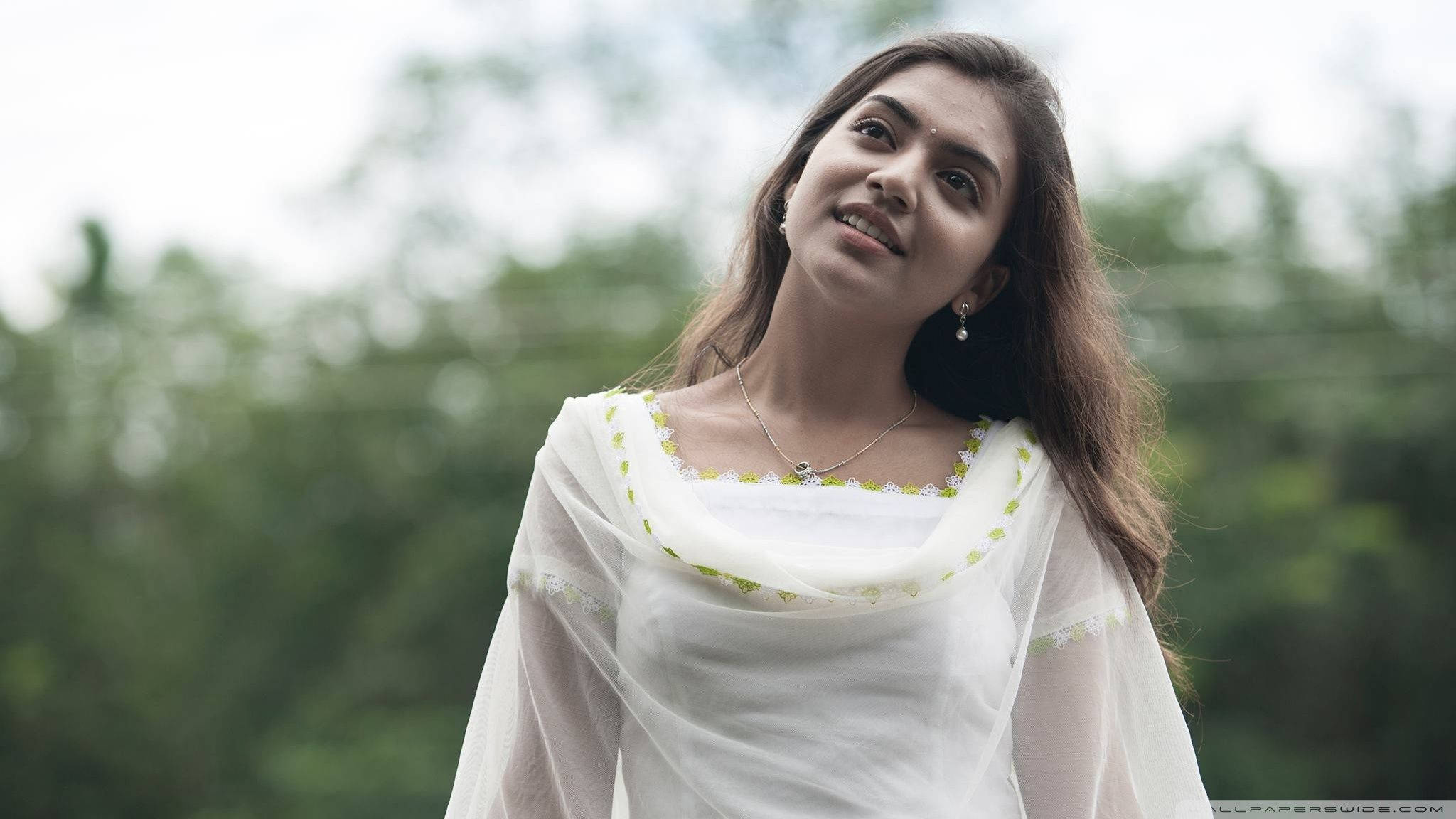 Nazriya, HD White Dress, white embroidered outfit, Full HD Desktop Wallpaper