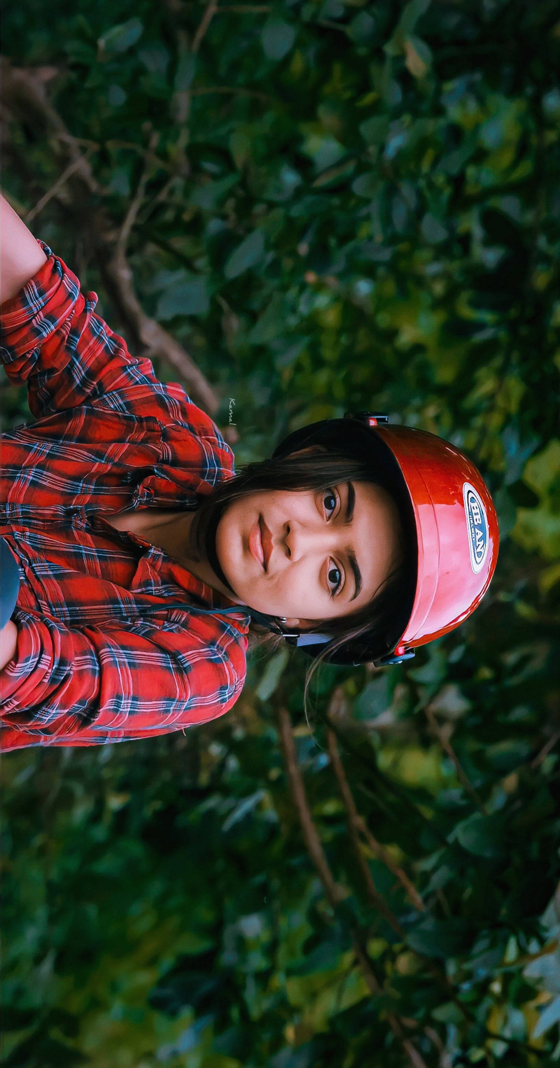 Nazriya, red helmet, plaid shirt, 2K Phone Wallpaper