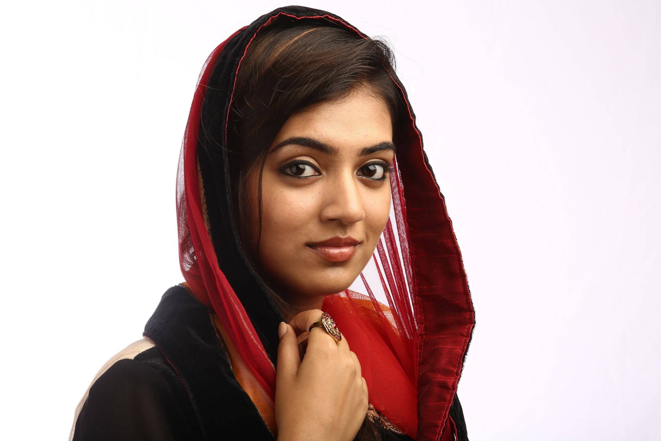 Nazriya HD, red lipstick, dark hair, Full HD Desktop Wallpaper