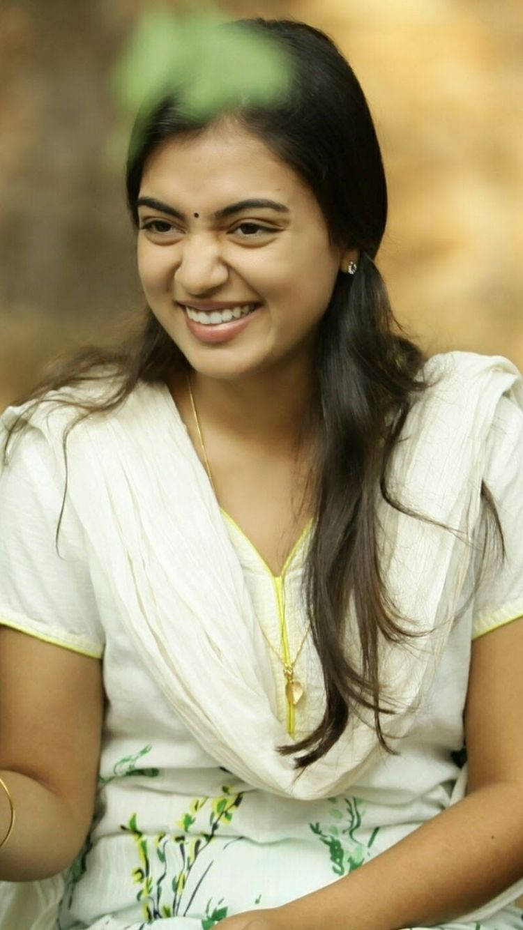 Nazriya HD, dark hair, white floral top, HD Phone Wallpaper