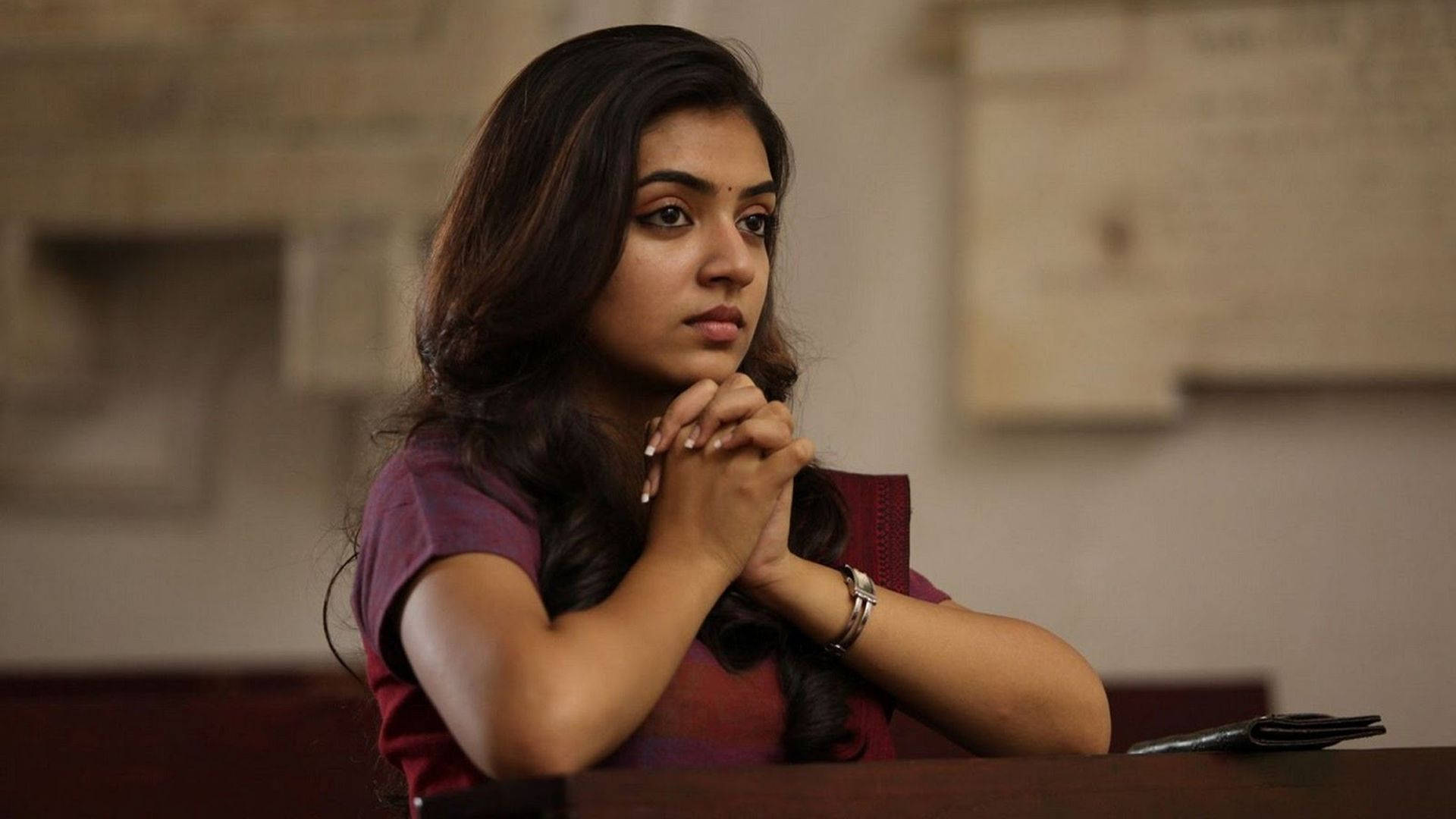 Nazriya HD, pray church, maroon top, Full HD Desktop Wallpaper