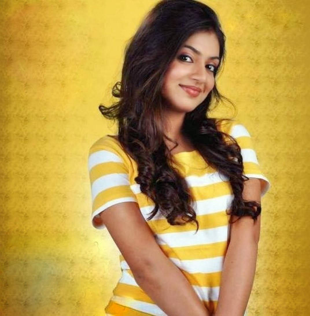 Nazriya HD, yellow and white striped shirt, long dark curls, SD Phone Wallpaper