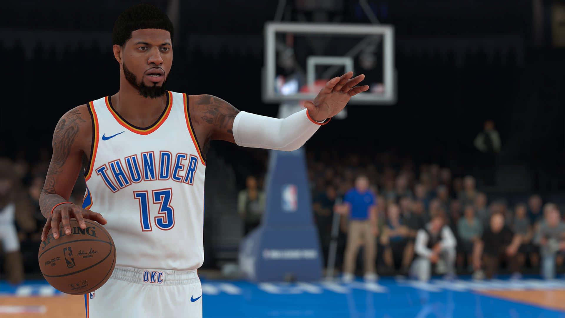NBA 2K, white Thunder jersey, brightly lit court, Full HD Desktop Wallpaper