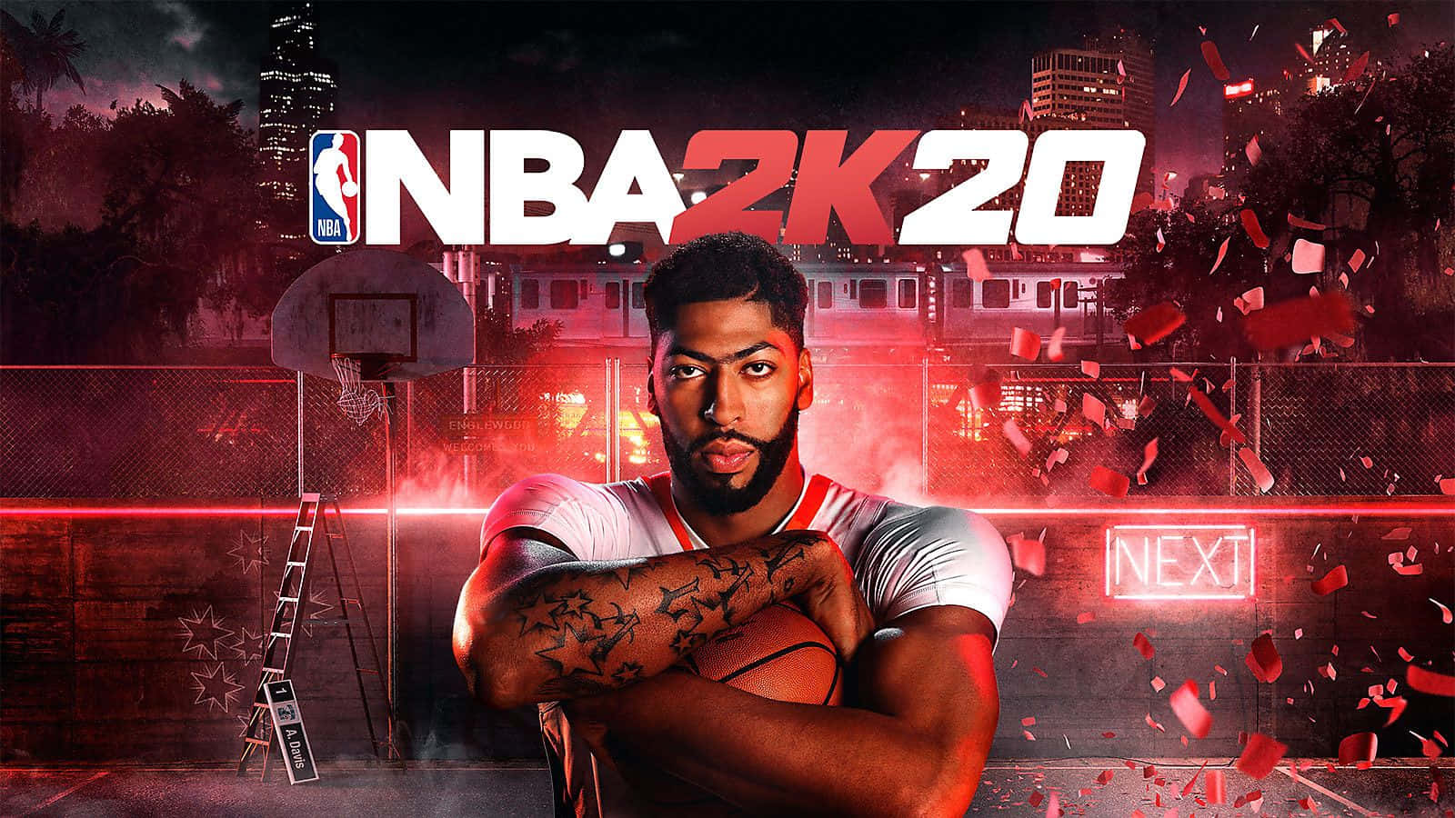 NBA 2K20, neon-lit urban court, dark sky, HD Desktop Wallpaper