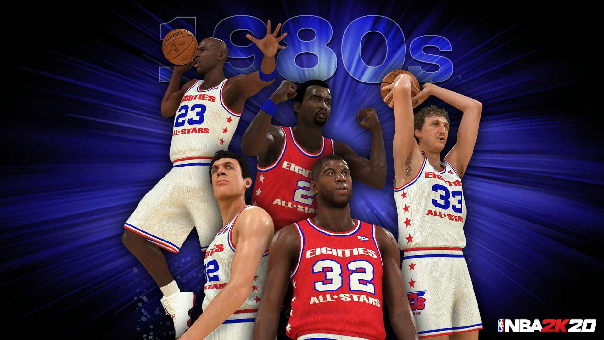 NBA 2K20, 1980s All-Stars jerseys, glowing blue radial background, Full HD Desktop Wallpaper