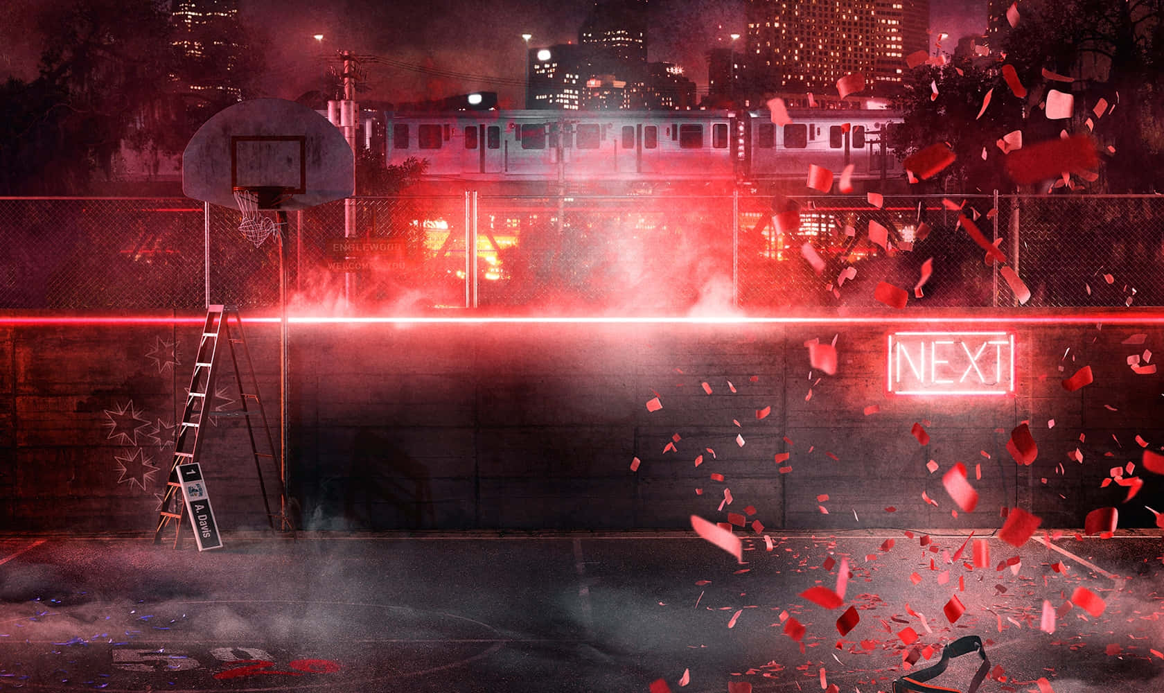NBA 2K20, neon-lit urban basketball court, red confetti, HD Desktop Wallpaper