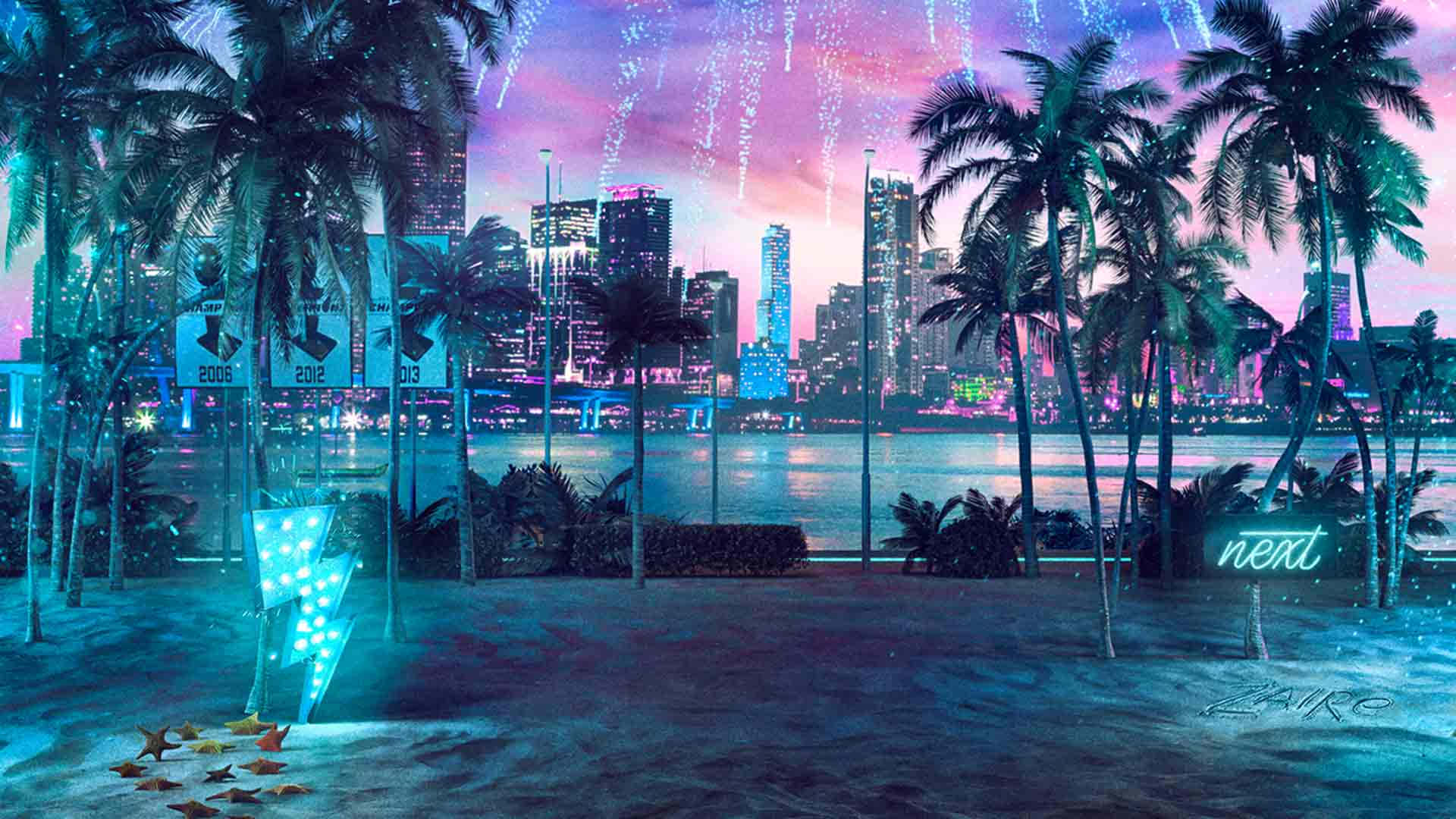 NBA 2K20, neon-lit city skyline, twilight, Full HD Desktop Wallpaper