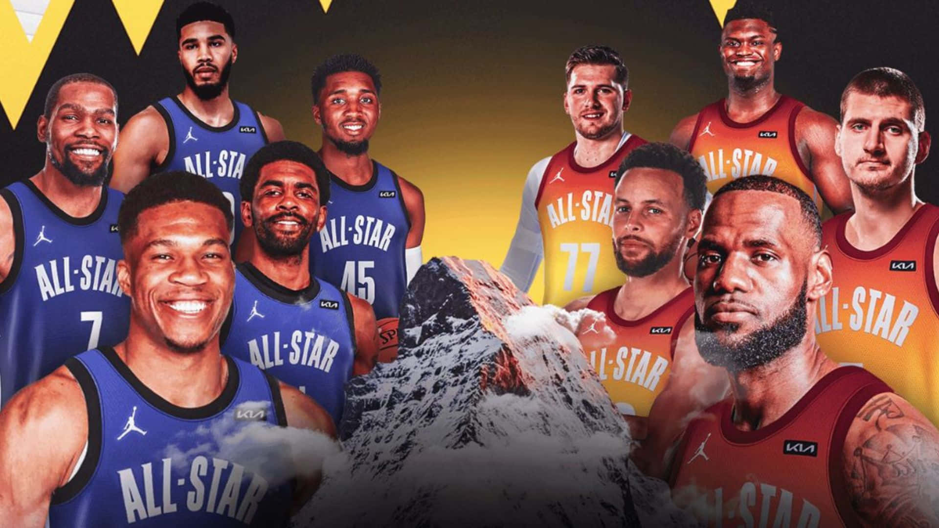NBA All-Star, blue and red jerseys, snowy mountain peak, Full HD Desktop Wallpaper