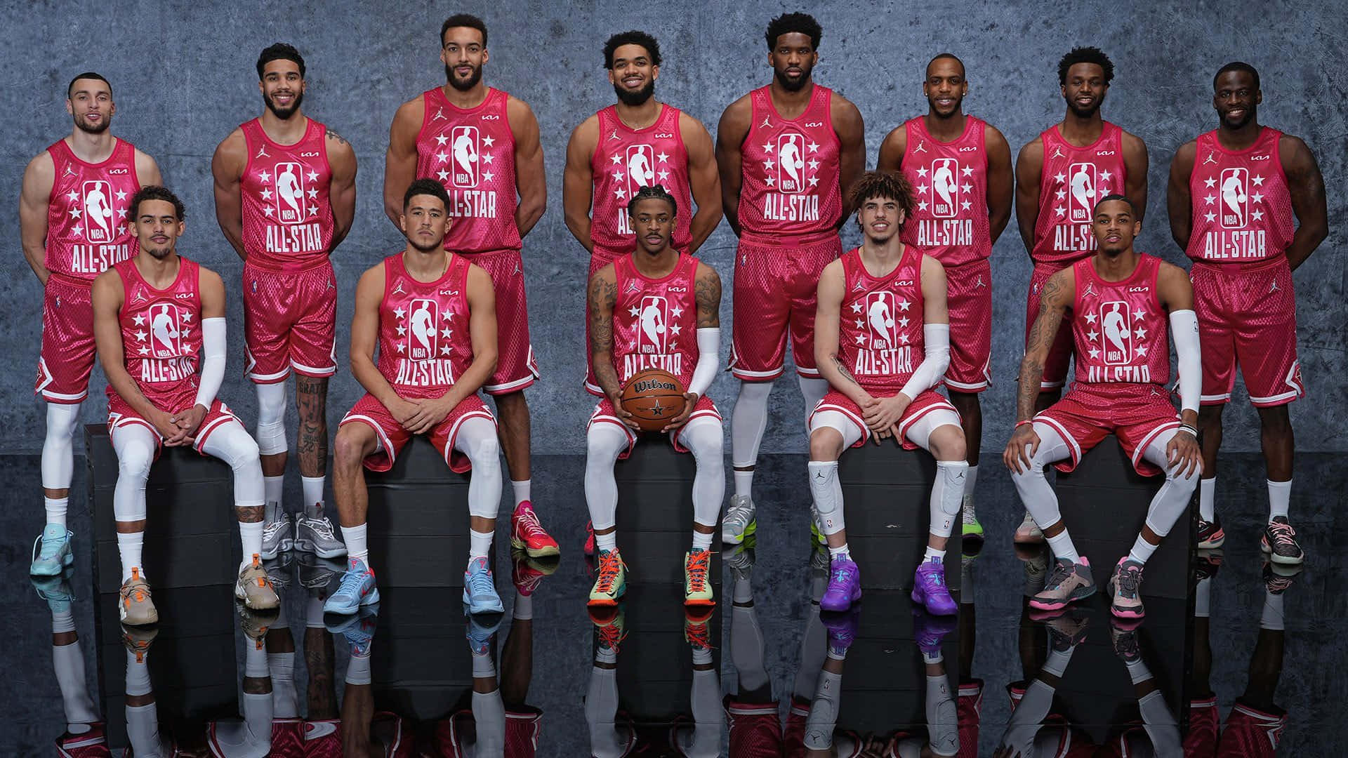 NBA All-Star, red jerseys, black blocks, Full HD Desktop Wallpaper